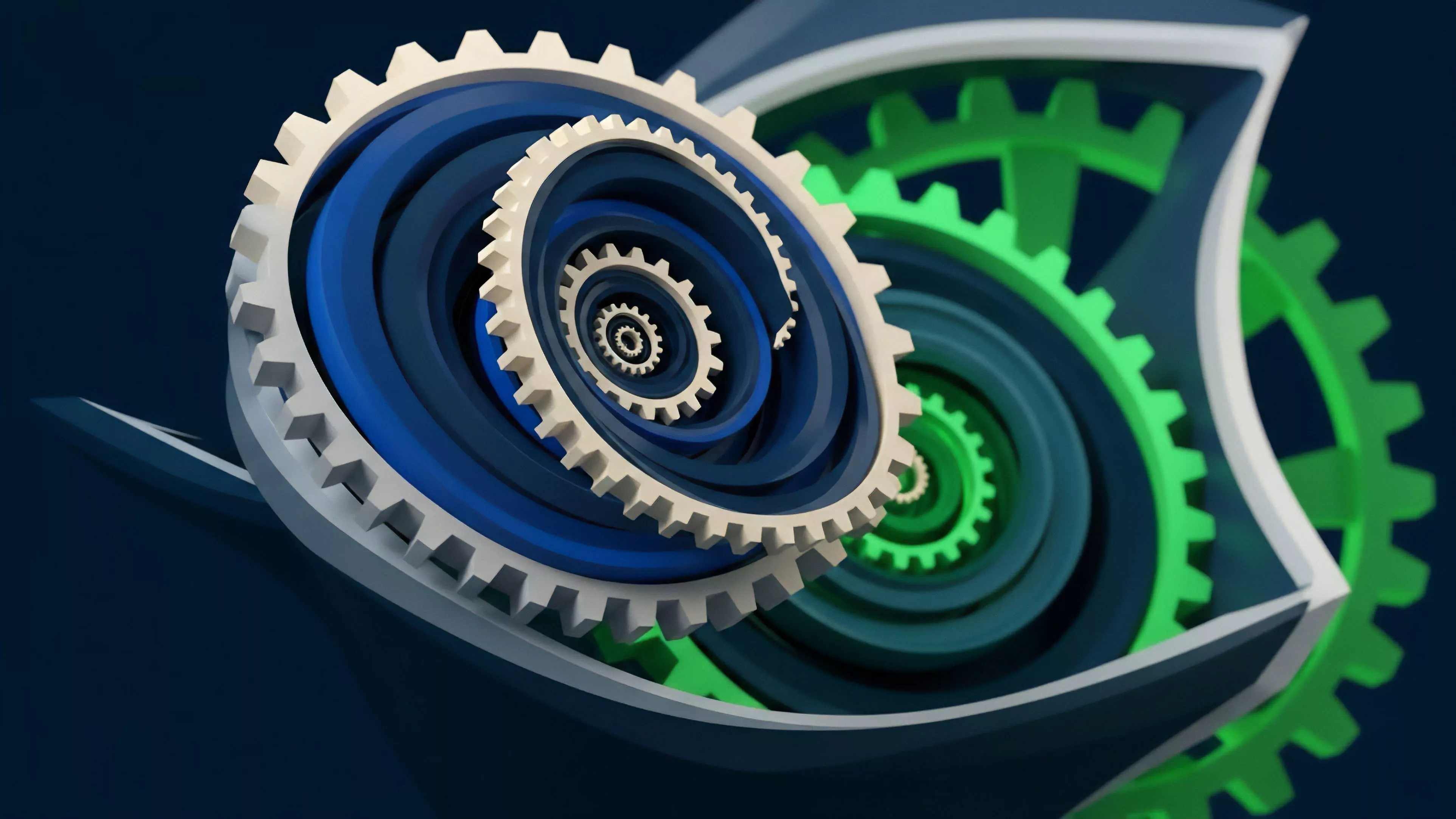 A spiraling arrangement of interconnected gears, transitioning from white to blue to green, illustrates the complex architecture of a decentralized finance derivatives ecosystem. This mechanism represents recursive leverage and collateralization within smart contracts. The continuous loop suggests market feedback mechanisms and rehypothecation cycles. The infinite progression visualizes market depth and the potential for cascading liquidations under high volatility scenarios, highlighting the intricate dependencies within the protocol stack.