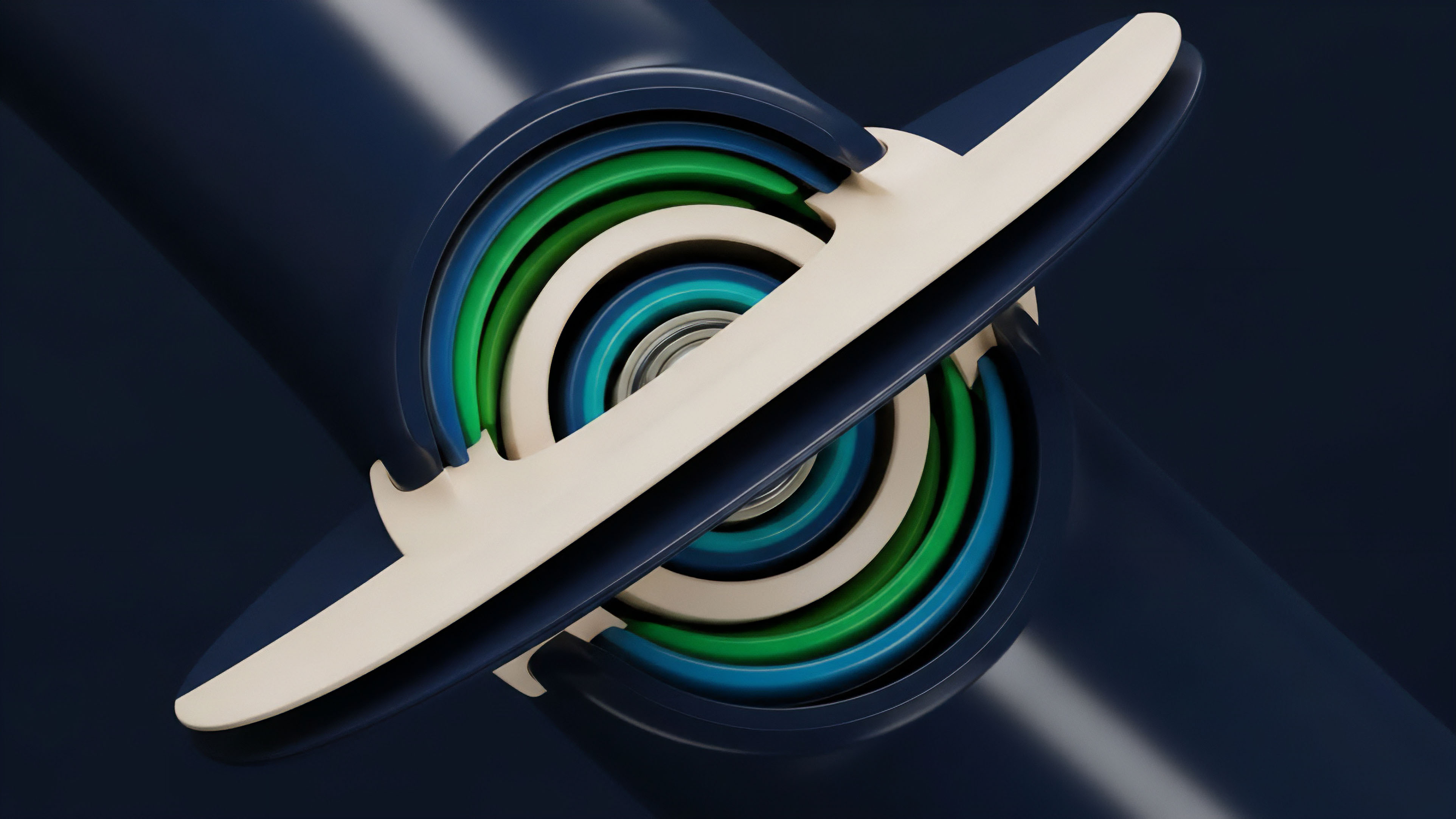 A detailed cross-section of a cylindrical mechanism reveals multiple concentric layers in shades of blue, green, and white. A large, cream-colored structural element cuts diagonally through the center. The layered structure represents risk tranches within a complex financial derivative or a DeFi options protocol. This visualization illustrates risk decomposition where synthetic assets are created from underlying components. The central structure symbolizes a structured product like a collateralized debt obligation CDO or a butterfly options spread, where different layers denote varying levels of volatility and risk exposure, crucial for market microstructure analysis.