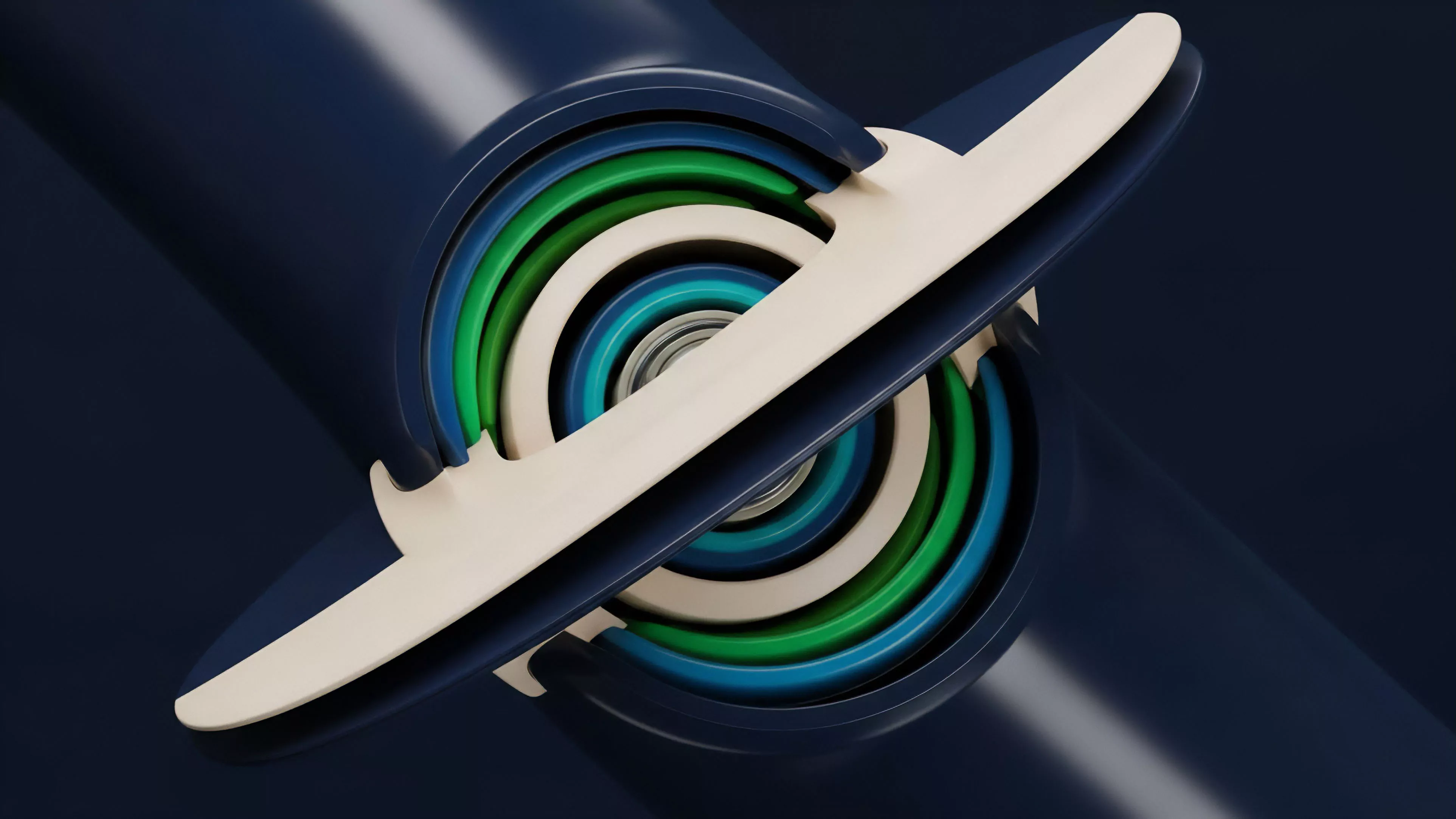 A high-resolution cross-section displays a cylindrical form with concentric layers in dark blue, light blue, green, and cream hues. A central, broad structural element in a cream color slices through the layers, revealing the inner mechanics