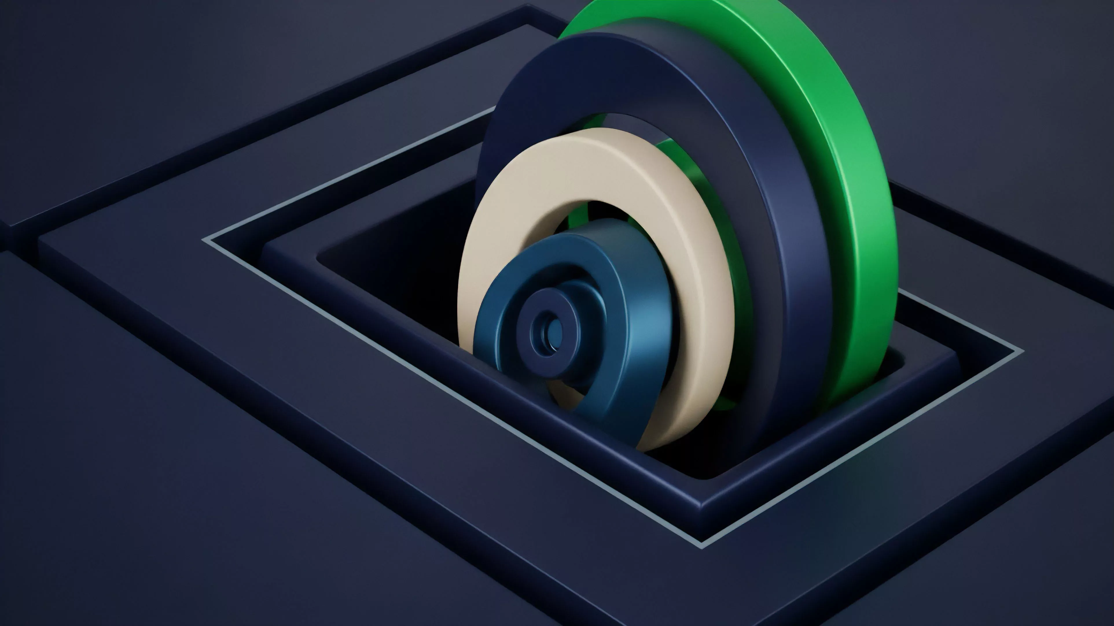 A high-angle view captures nested concentric rings emerging from a recessed square depression. The rings are composed of distinct colors, including bright green, dark navy blue, beige, and deep blue, creating a sense of layered depth