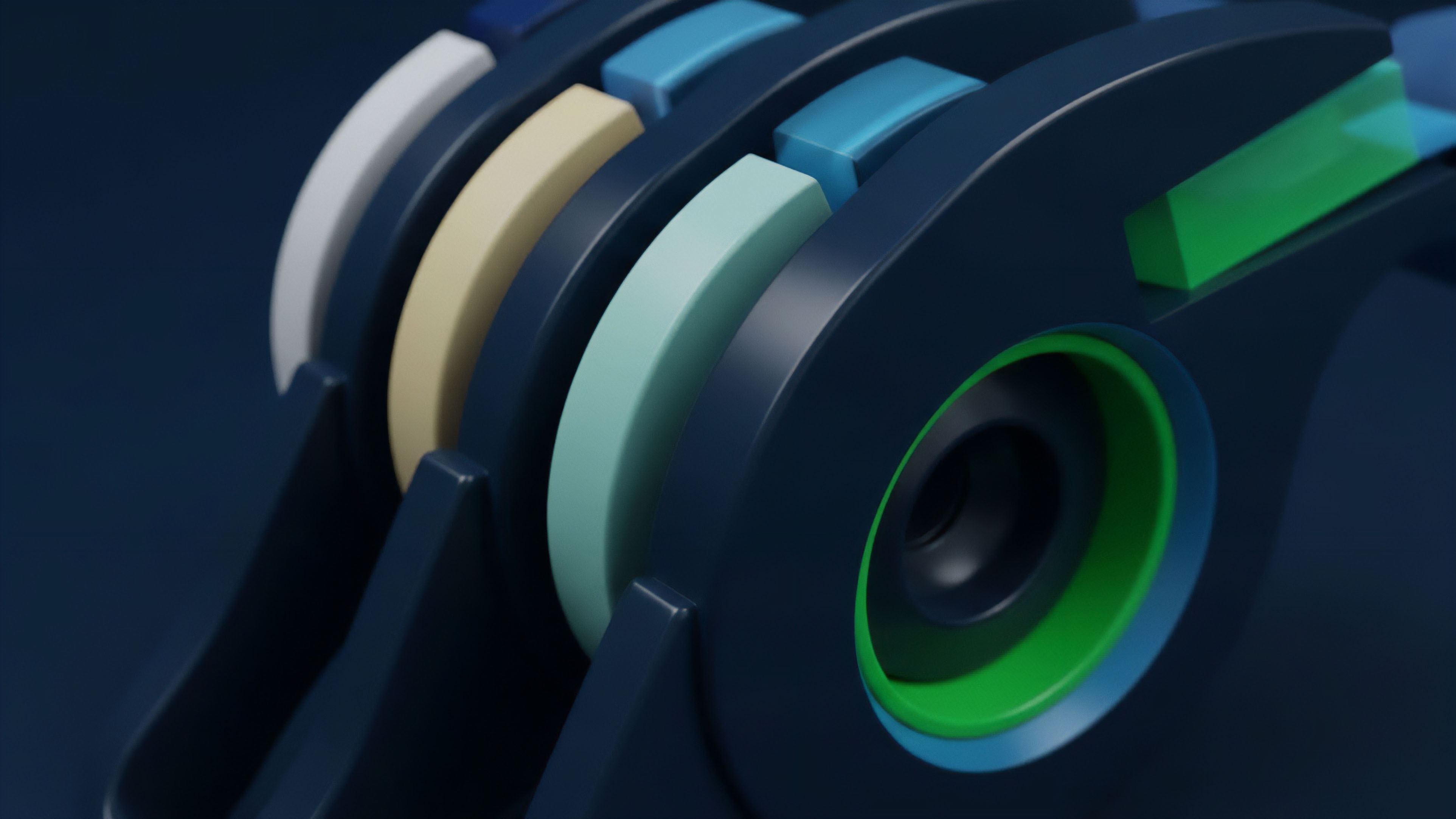 A close-up view of a dark blue mechanical structure features a series of layered, circular components. The components display distinct colors ⎊ white, beige, mint green, and light blue ⎊ arranged in sequence, suggesting a complex, multi-part system