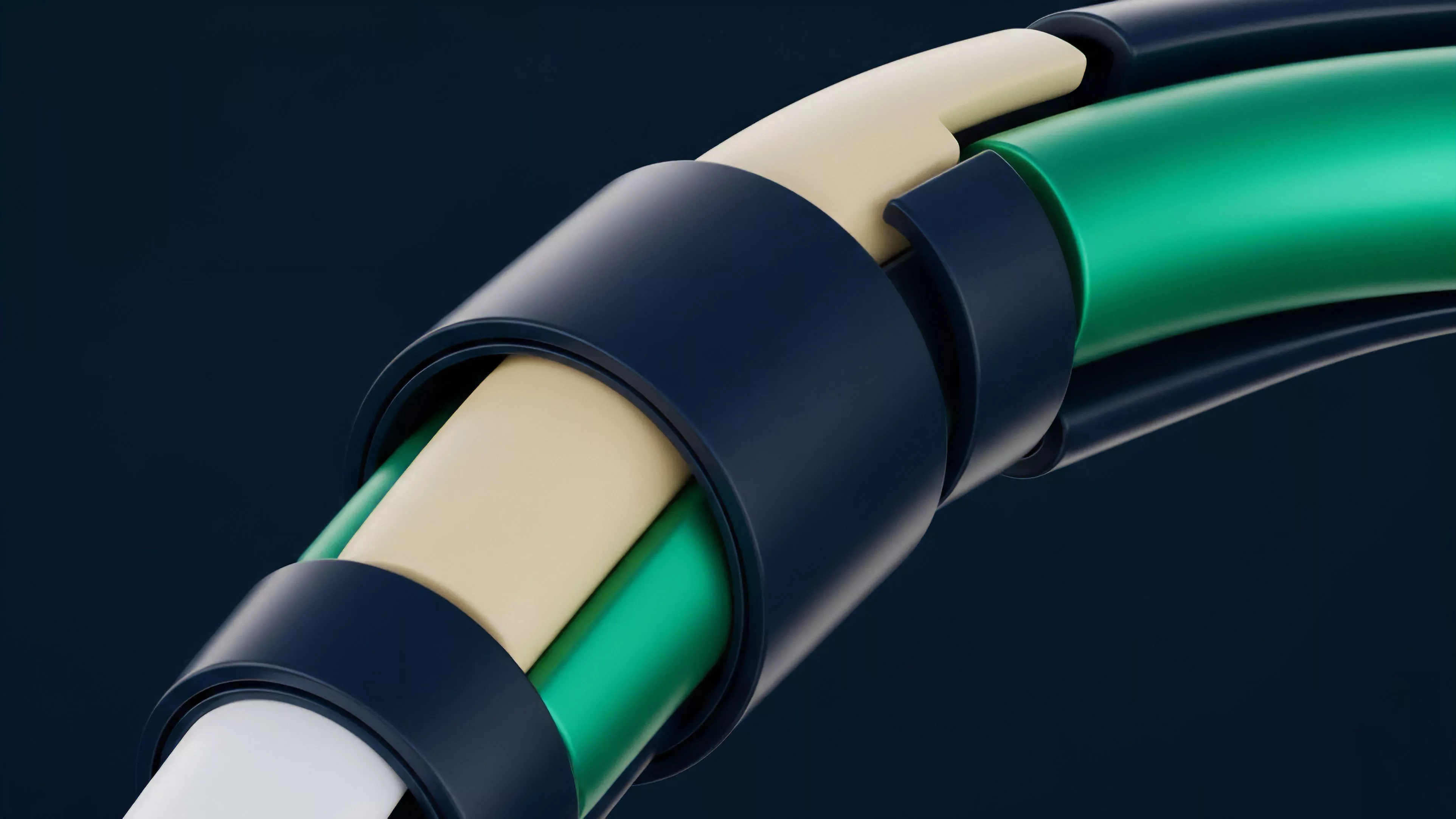 This close-up view features stylized, interlocking elements resembling a multi-component data cable or flexible conduit. The structure reveals various inner layers ⎊ a vibrant green, a cream color, and a white one ⎊ all encased within dark, segmented rings