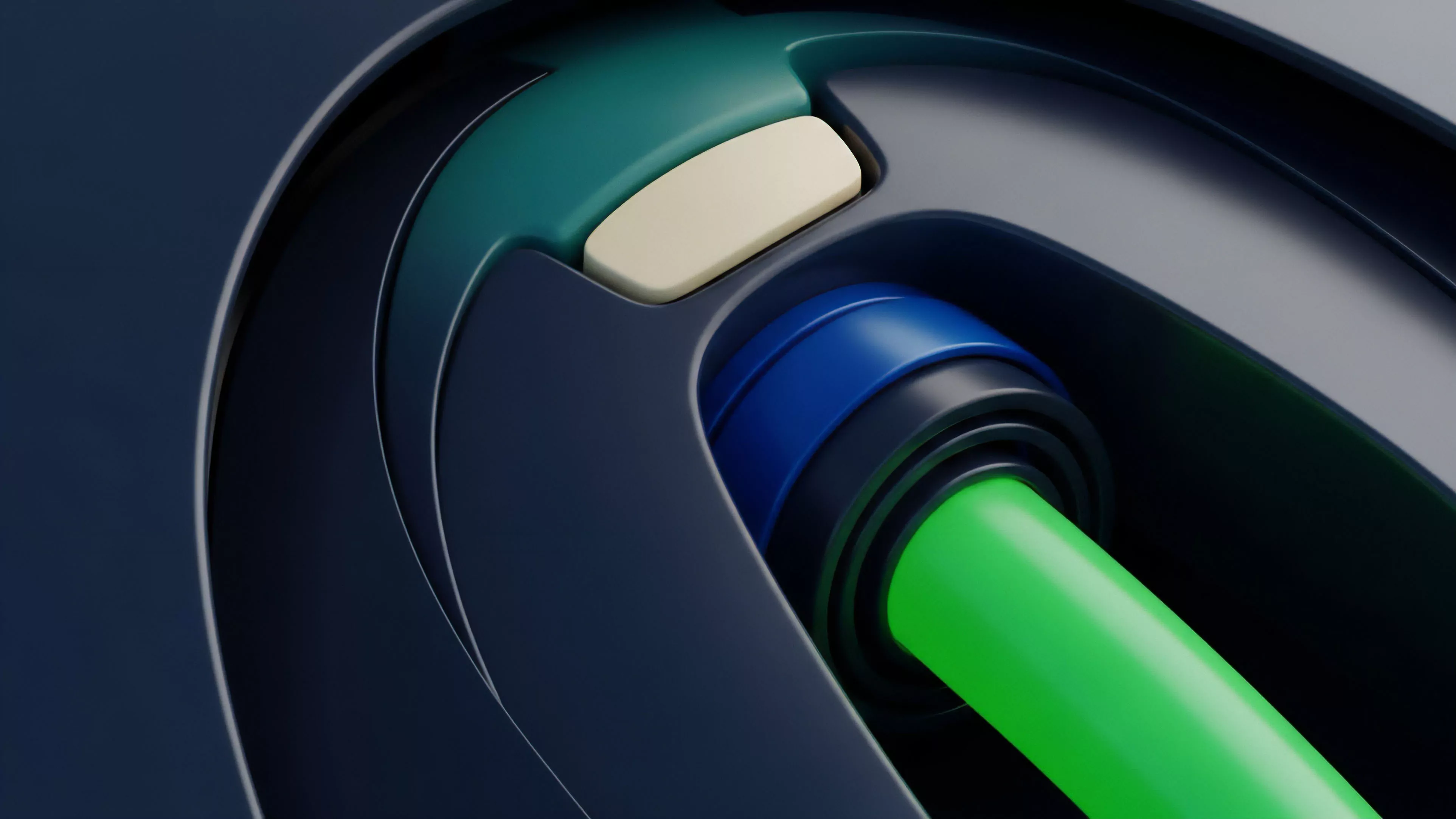 A stylized rendering of a mechanism interface, illustrating a complex decentralized finance protocol gateway. The bright green conduit symbolizes high-speed transaction throughput or real-time oracle data feeds. A beige button represents the initiation of a settlement mechanism within a smart contract. The layered dark blue and teal components suggest multi-layered security protocols and collateralization structures integral to robust derivative asset management and risk mitigation strategies in high-frequency trading environments.