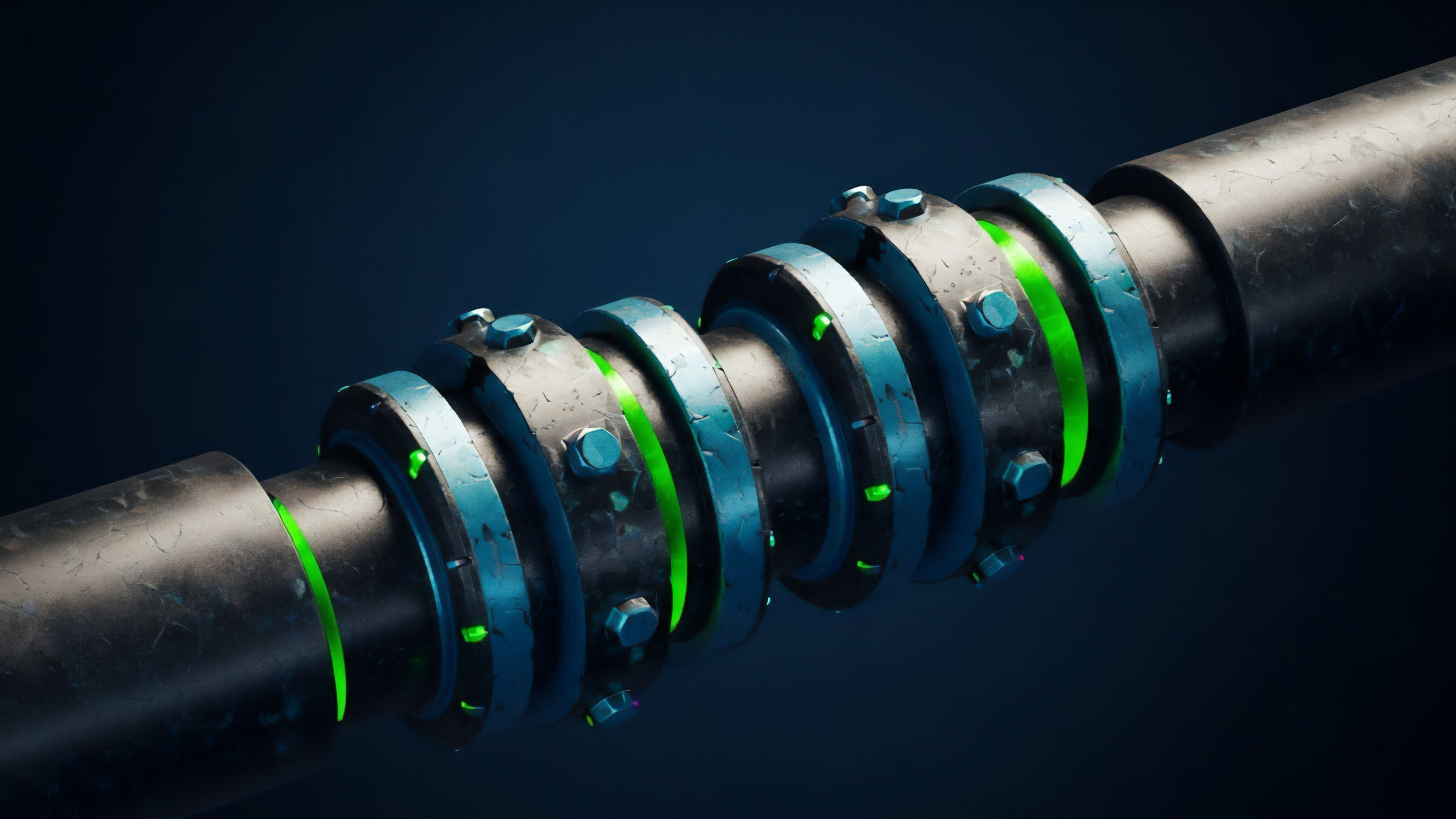 A dark industrial pipeline, featuring intricate bolted couplings and glowing green bands, visualizes a high-frequency trading data feed. The green bands symbolize validated settlement events or successful smart contract executions within a derivative lifecycle. The complex couplings illustrate multi-layered security protocols like blockchain oracles and collateralized debt positions, critical for maintaining data integrity and automated execution in decentralized finance systems. This structure represents the intricate nature of exotic options and structured financial products.