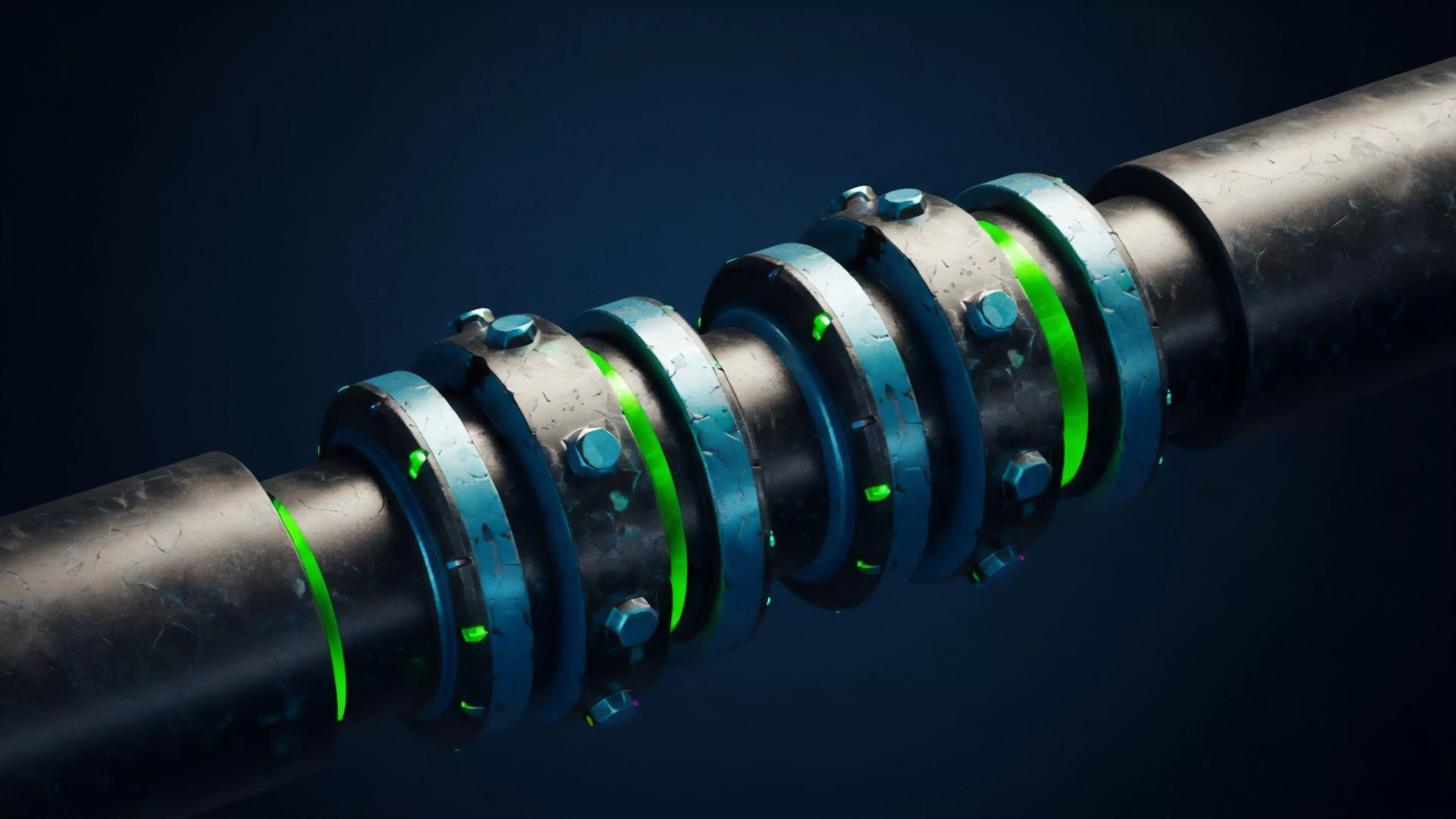 A close-up view shows a dark, textured industrial pipe or cable with complex, bolted couplings. The joints and sections are highlighted by glowing green bands, suggesting a flow of energy or data through the system
