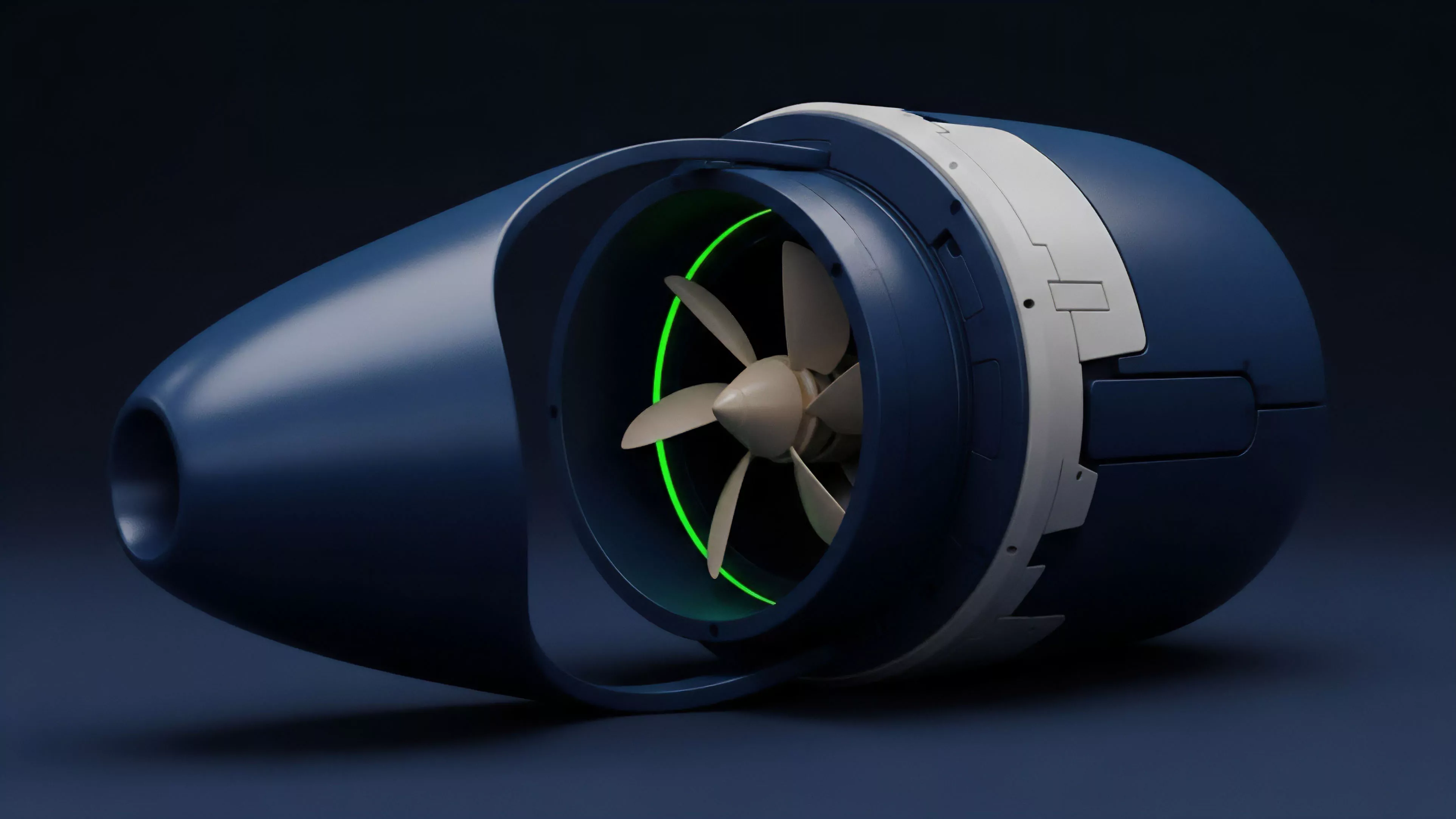 A high-resolution render displays a sophisticated blue and white mechanical object, likely a ducted propeller, set against a dark background. The central five-bladed fan is illuminated by a vibrant green ring light within its housing
