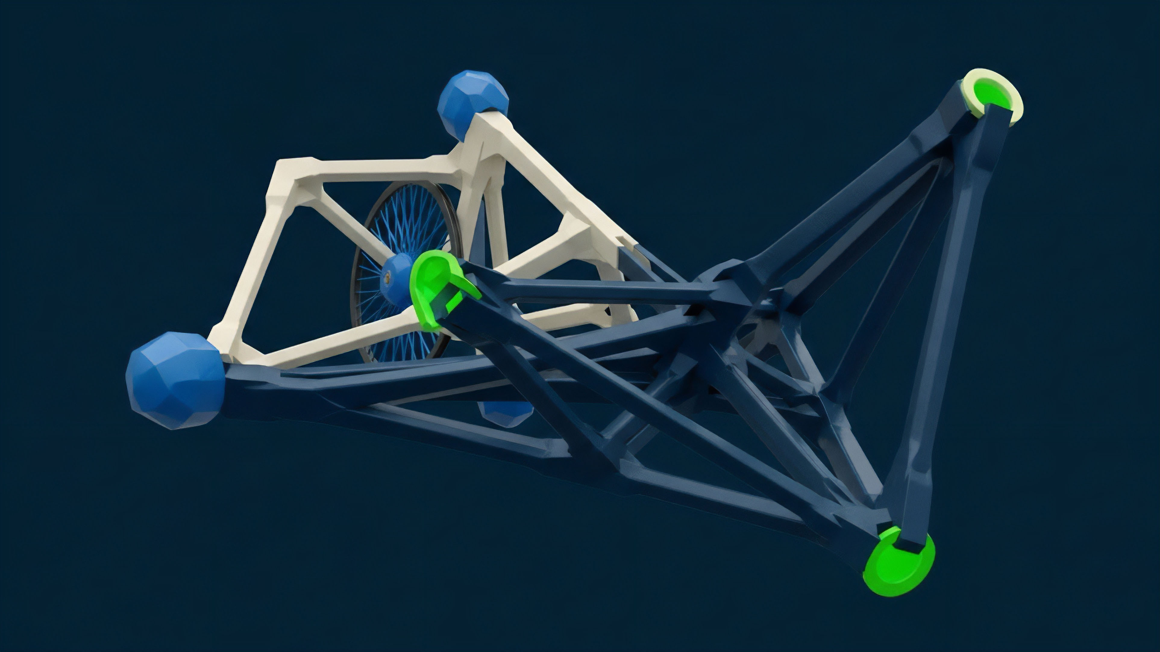 A low-poly digital render showcases an intricate mechanical structure composed of dark blue and off-white truss-like components. The complex frame features a circular element resembling a wheel and several bright green cylindrical connectors