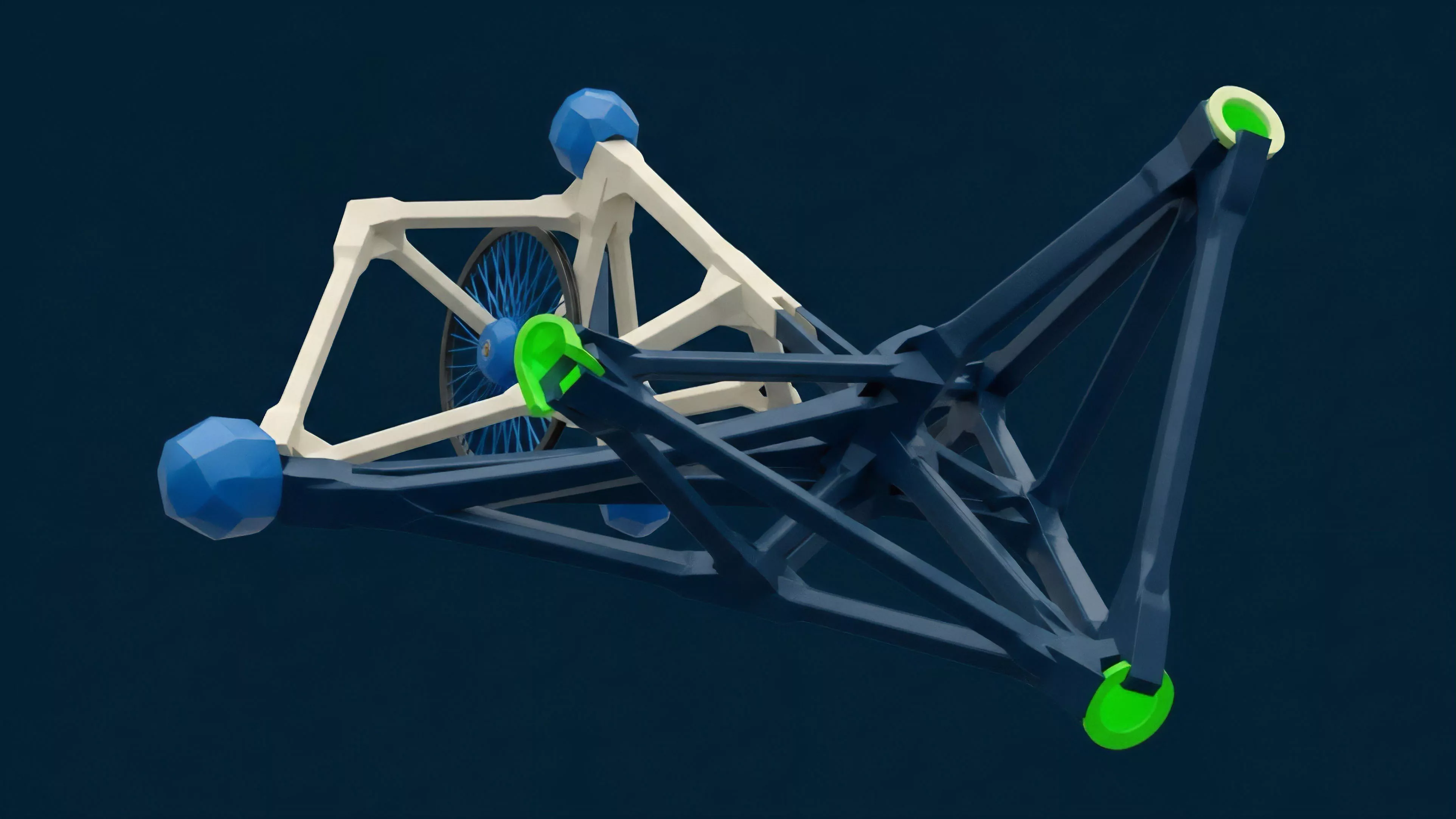 A low-poly rendering of a complex structural framework, composed of intricate blue and off-white components, represents a decentralized finance DeFi protocol's architecture. The interconnected nodes symbolize smart contract dependencies and automated market maker AMM mechanisms essential for collateralization and risk management. The structure visualizes the complexity of structured products and synthetic assets, where sophisticated delta hedging strategies are implemented to optimize risk profiles for perpetual contracts. Bright green elements represent liquidity entry points and oracle solutions crucial for accurate pricing and efficient protocol governance within a robust ecosystem.