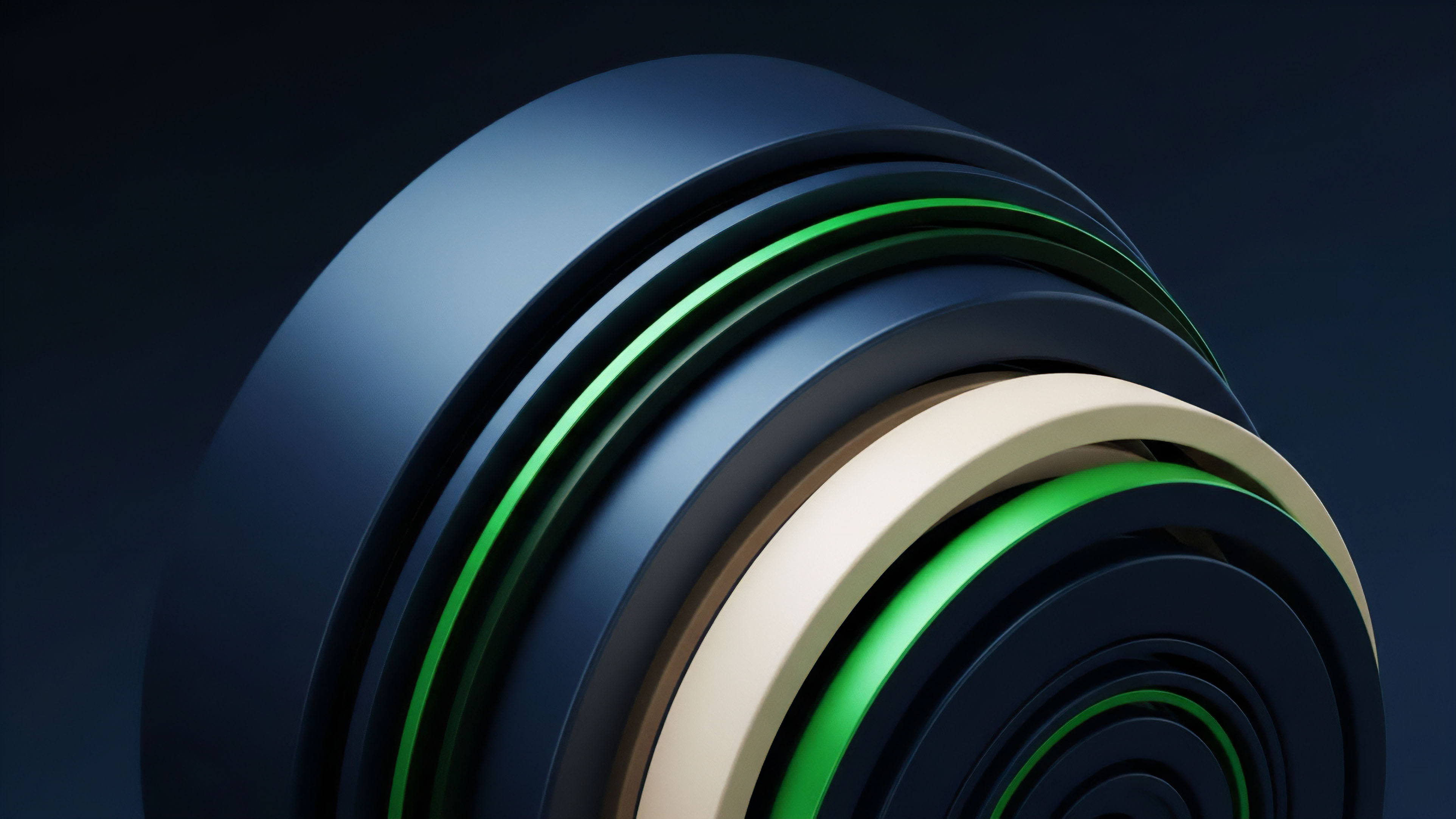 A stratified, concentric architecture visualizes recursive financial modeling inherent in complex DeFi structured products. The nested layers represent different risk tranches within a yield aggregation protocol. Bright green bands symbolize high-yield liquidity provision and options tranches, while the darker blue and cream layers represent senior tranches or underlying collateral base. This abstract visualization emphasizes the stratification and compounding effect in advanced automated market maker strategies and basis trading.