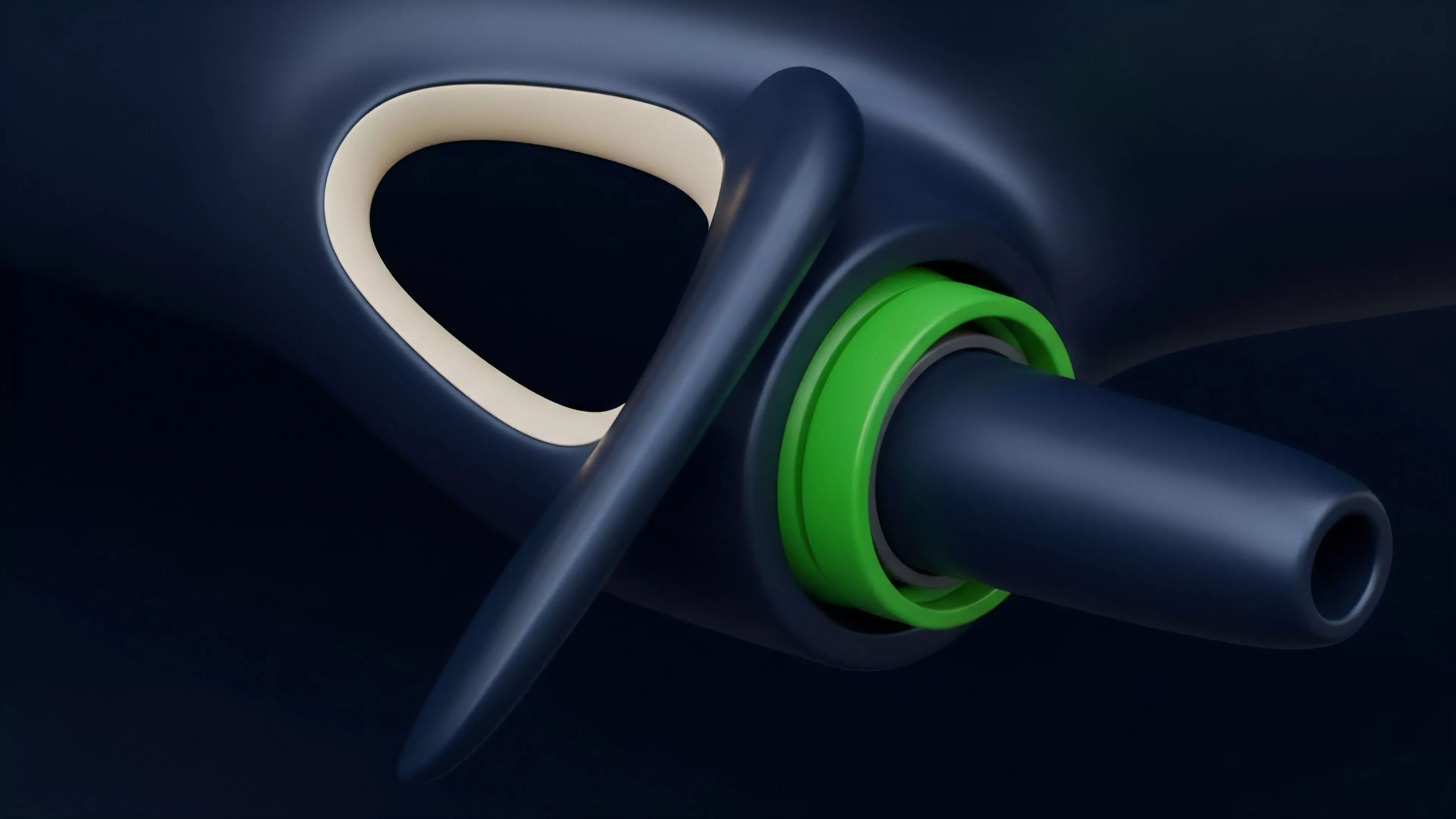 A close-up view of an abstract, dark blue object with smooth, flowing surfaces. A light-colored, arch-shaped cutout and a bright green ring surround a central nozzle, creating a minimalist, futuristic aesthetic