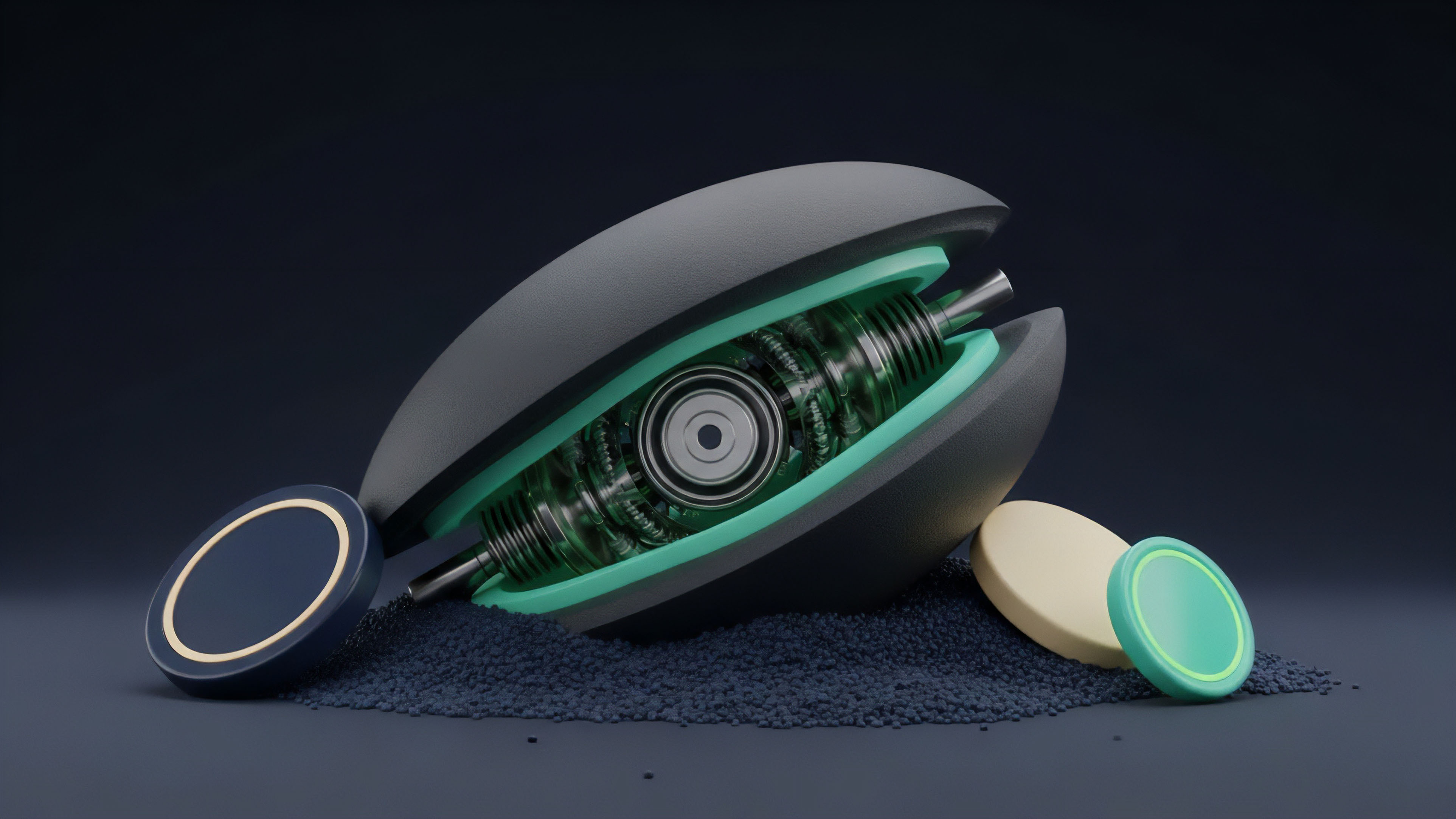 A high-resolution 3D render displays a bi-parting, shell-like object with a complex internal mechanism. The interior is highlighted by a teal-colored layer, revealing metallic gears and springs that symbolize a sophisticated, algorithm-driven system