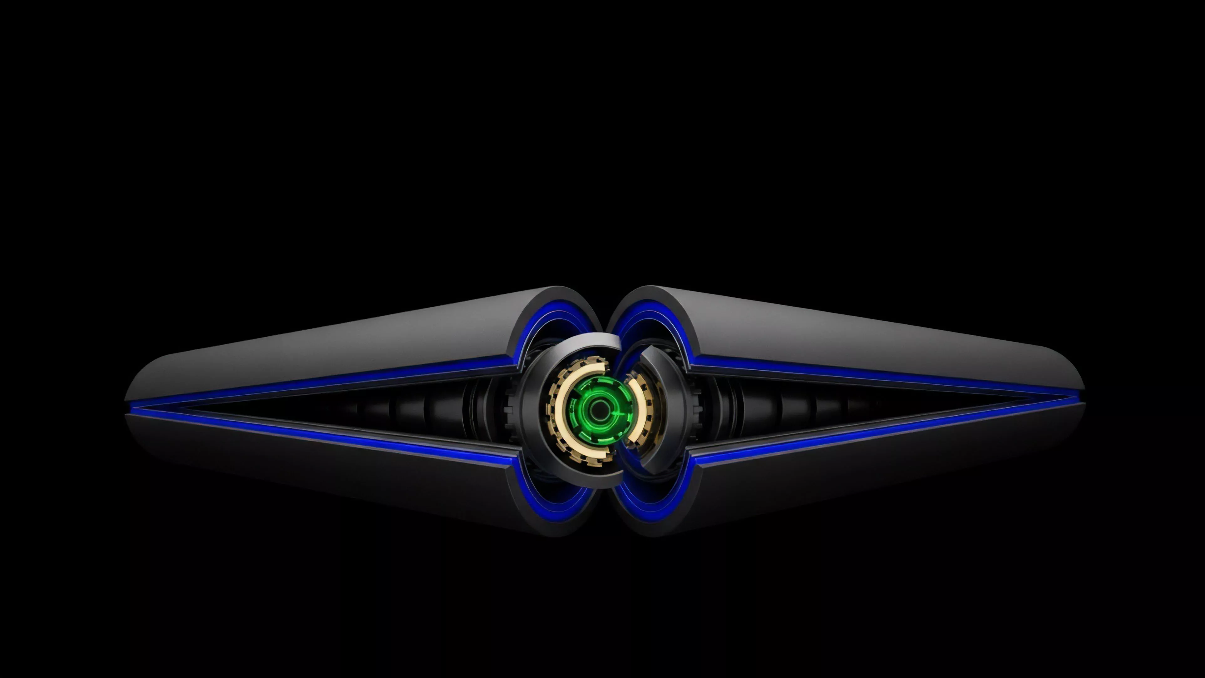 A symmetrical, futuristic mechanical object centered on a black background, featuring dark gray cylindrical structures accented with vibrant blue lines. The central core glows with a bright green and gold mechanism, suggesting precision engineering