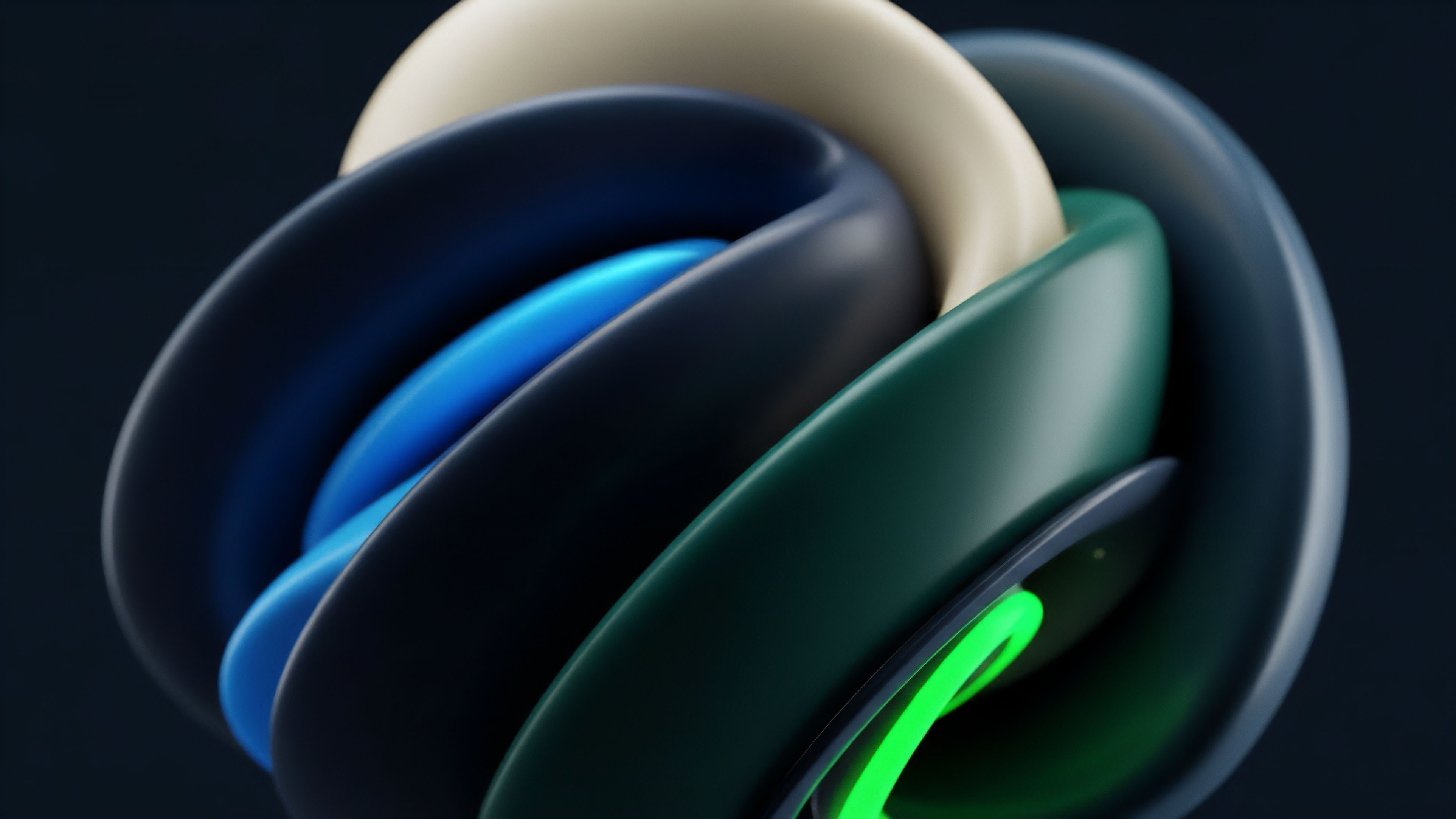 An intricate abstract structure features multiple intertwined layers or bands. The colors transition from deep blue and cream to teal and a vivid neon green glow within the core