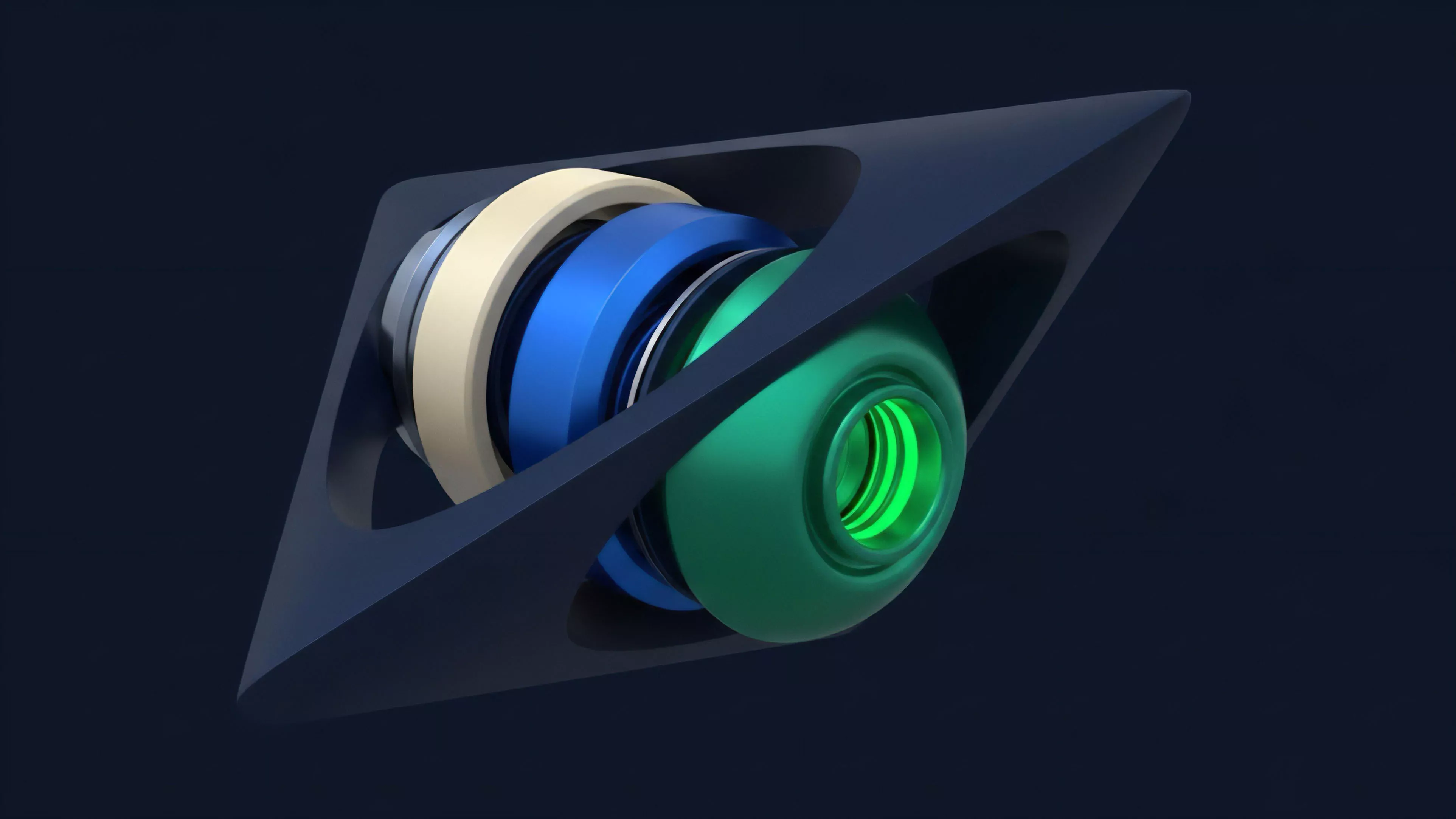 A dark blue, stylized frame holds a complex assembly of multi-colored rings, consisting of cream, blue, and glowing green components. The concentric layers fit together precisely, suggesting a high-tech mechanical or data-flow system on a dark background