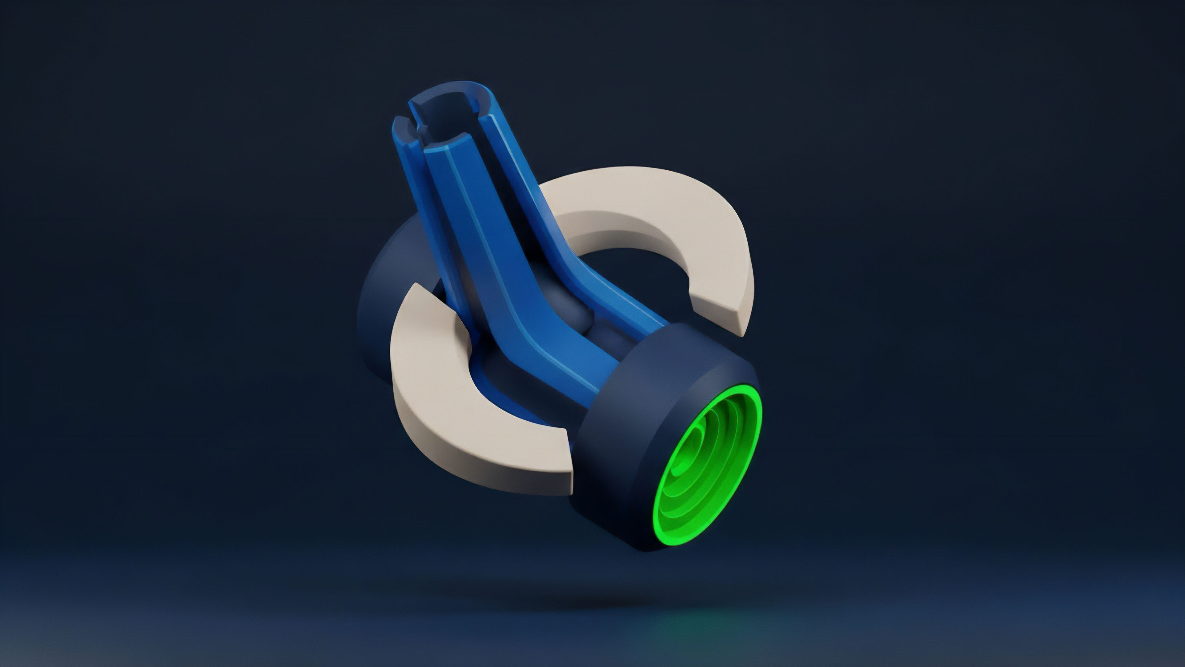 A complex 3D render displays an intricate mechanical structure composed of dark blue, white, and neon green elements. The central component features a blue channel system, encircled by two C-shaped white structures, culminating in a dark cylinder with a neon green end