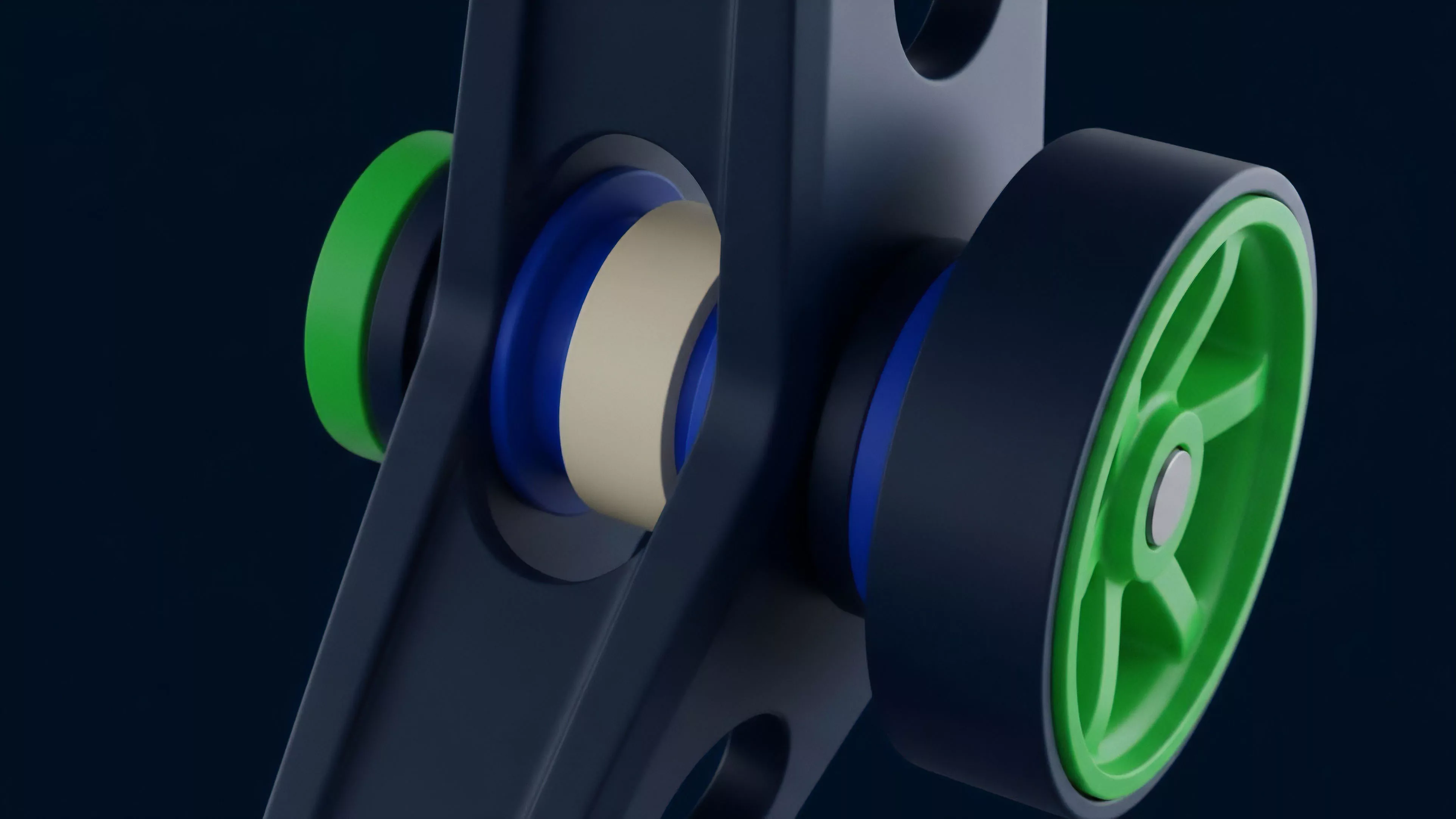 A high-resolution view captures a precision-engineered mechanism featuring interlocking components and rollers of varying colors.