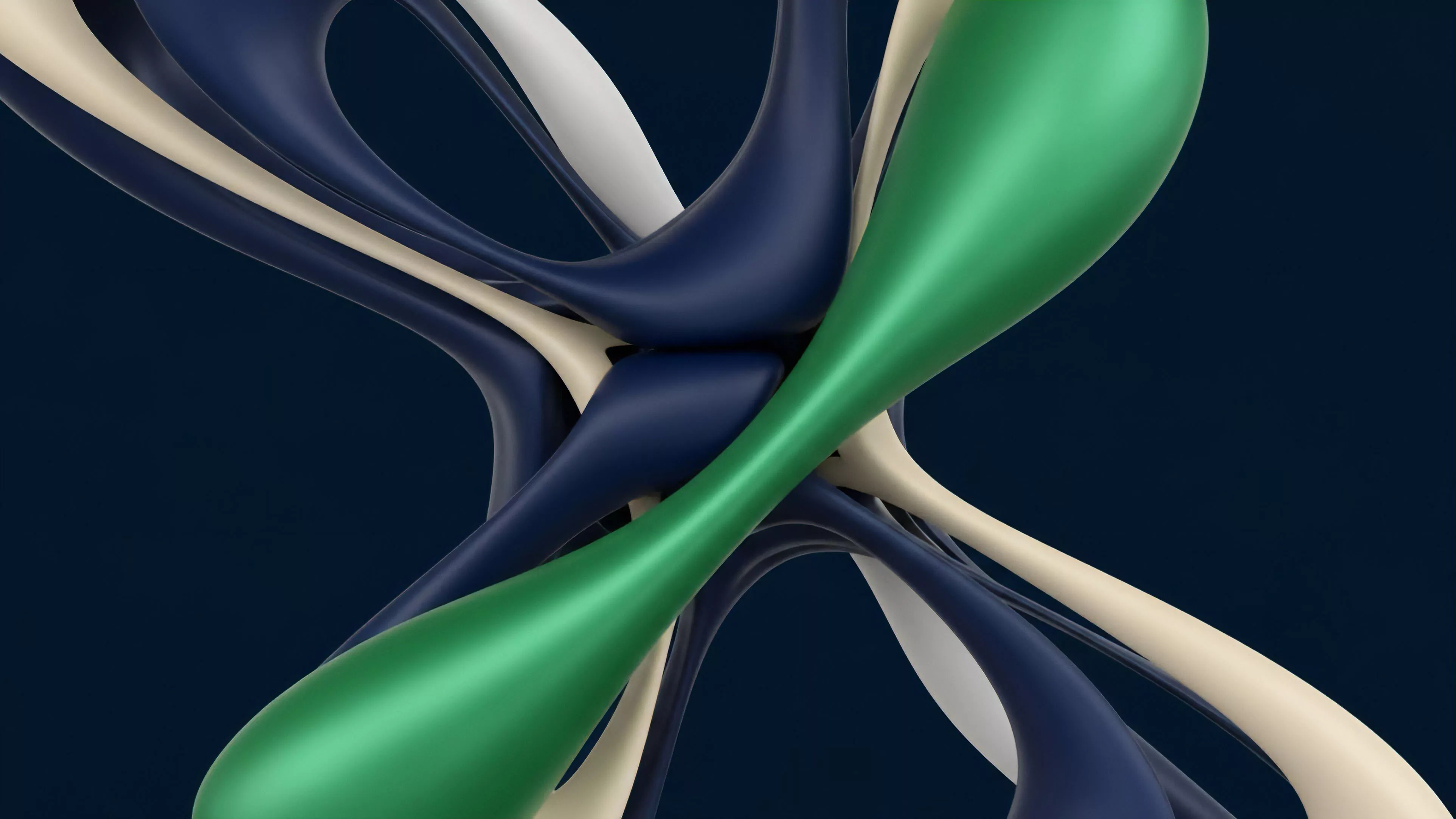 Smooth, intertwined strands of green, dark blue, and cream colors against a dark background. The forms twist and converge at a central point, illustrating complex interdependencies and liquidity aggregation within financial markets. This visualization depicts synthetic derivatives, where multiple underlying assets are blended into new instruments. It represents how cross-asset correlation and market friction impact price discovery and volatility compression at the nexus of a decentralized exchange protocol or automated market maker AMM. The hourglass shape symbolizes liquidity flow dynamics and potential volatility expansion.
