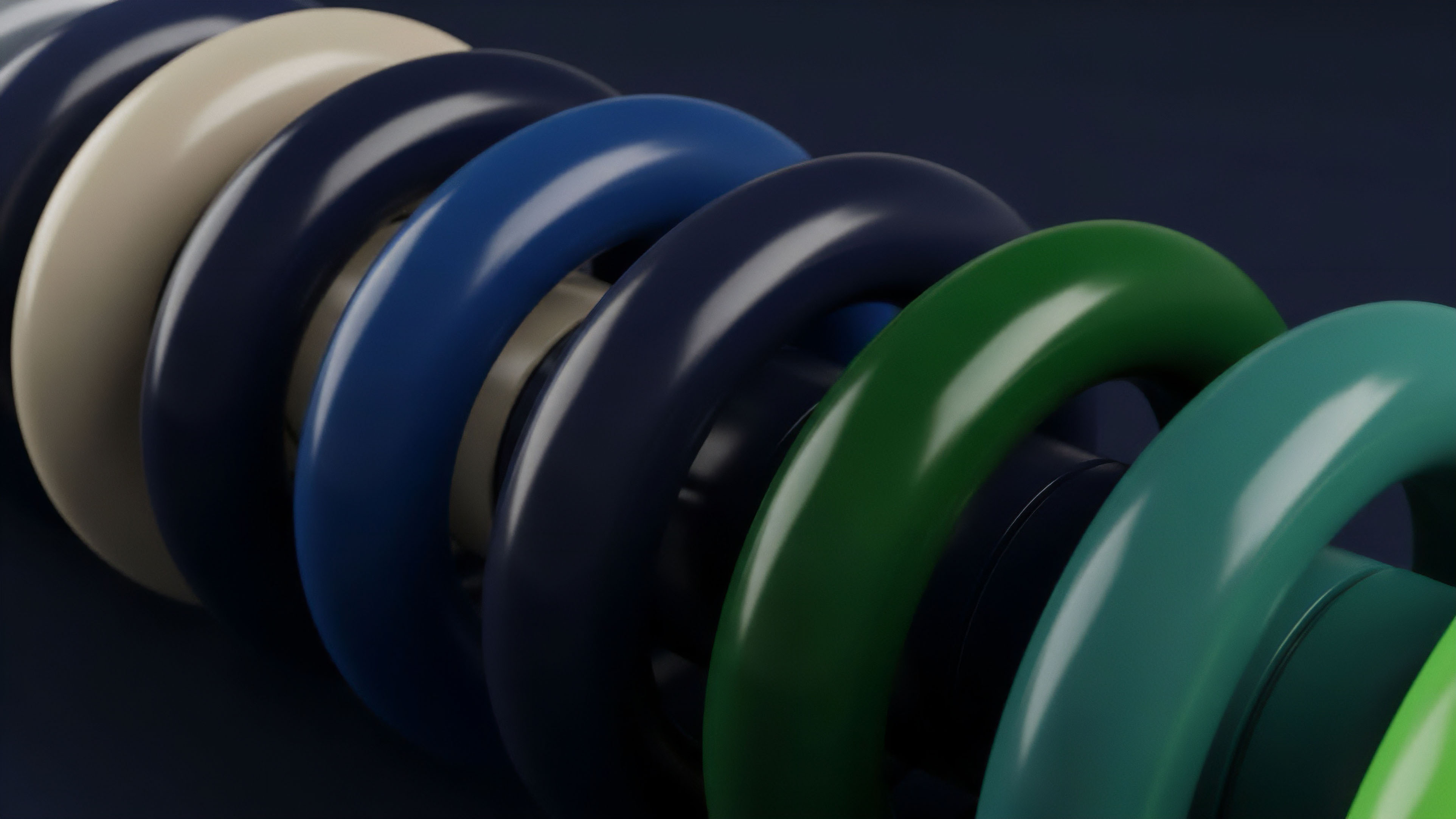 A close-up view of a sequence of glossy, interconnected rings, transitioning in color from light beige to deep blue, then to dark green and teal. This abstract visualization represents the complex architecture of synthetic structured derivatives, specifically the layered risk tranches in a collateralized debt obligation CDO. The color variation signifies risk stratification, from low-risk senior tranches to high-risk equity tranches. The continuous, linked form illustrates the chain of securitized underlying assets and the distribution of counterparty risk across different layers of the financial product.