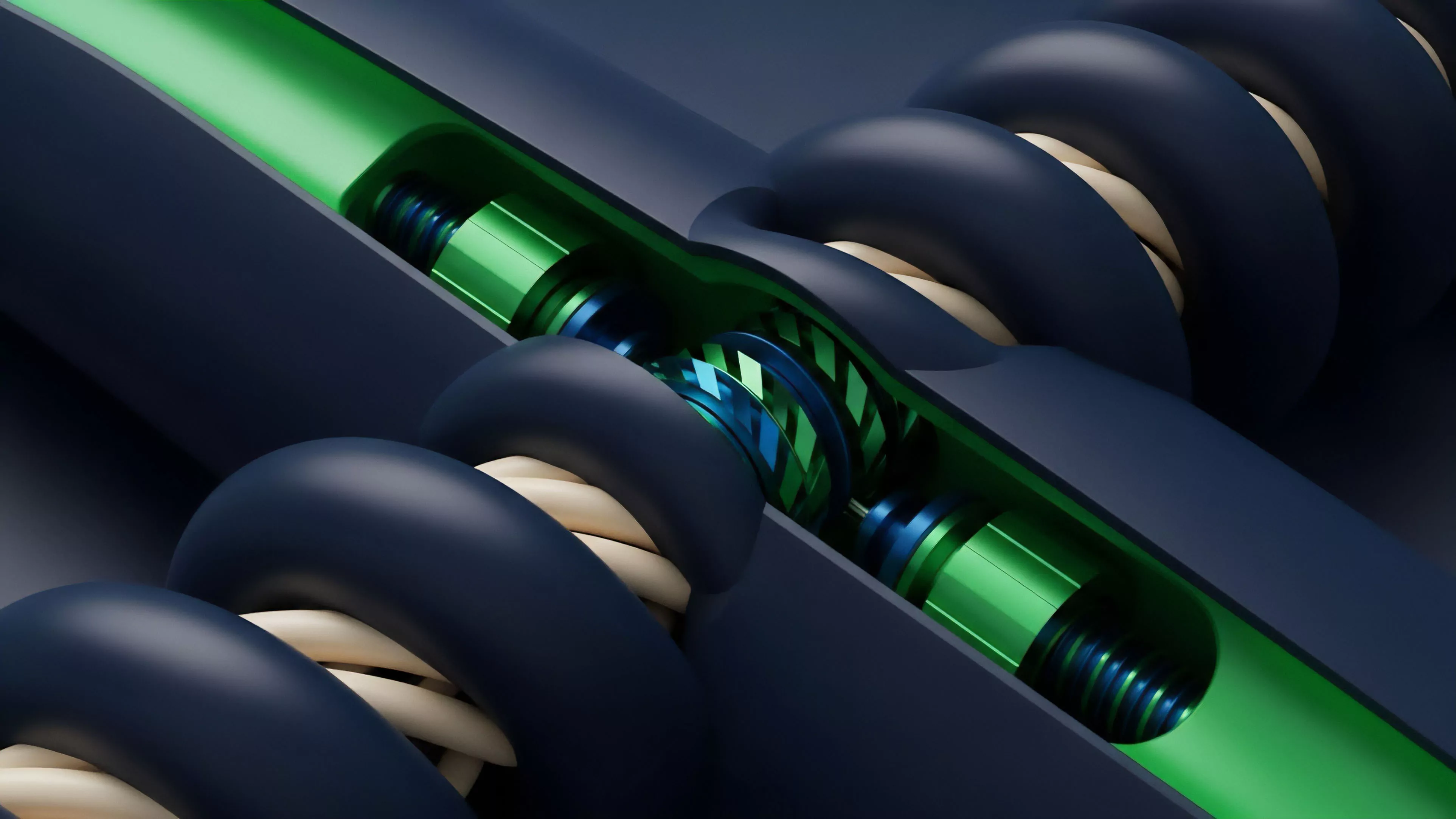 A close-up view reveals an intricate mechanical system with dark blue conduits enclosing a beige spiraling core, interrupted by a cutout section that exposes a vibrant green and blue central processing unit with gear-like components. The image depicts a highly structured and automated mechanism, where components interlock to facilitate continuous movement along a central axis