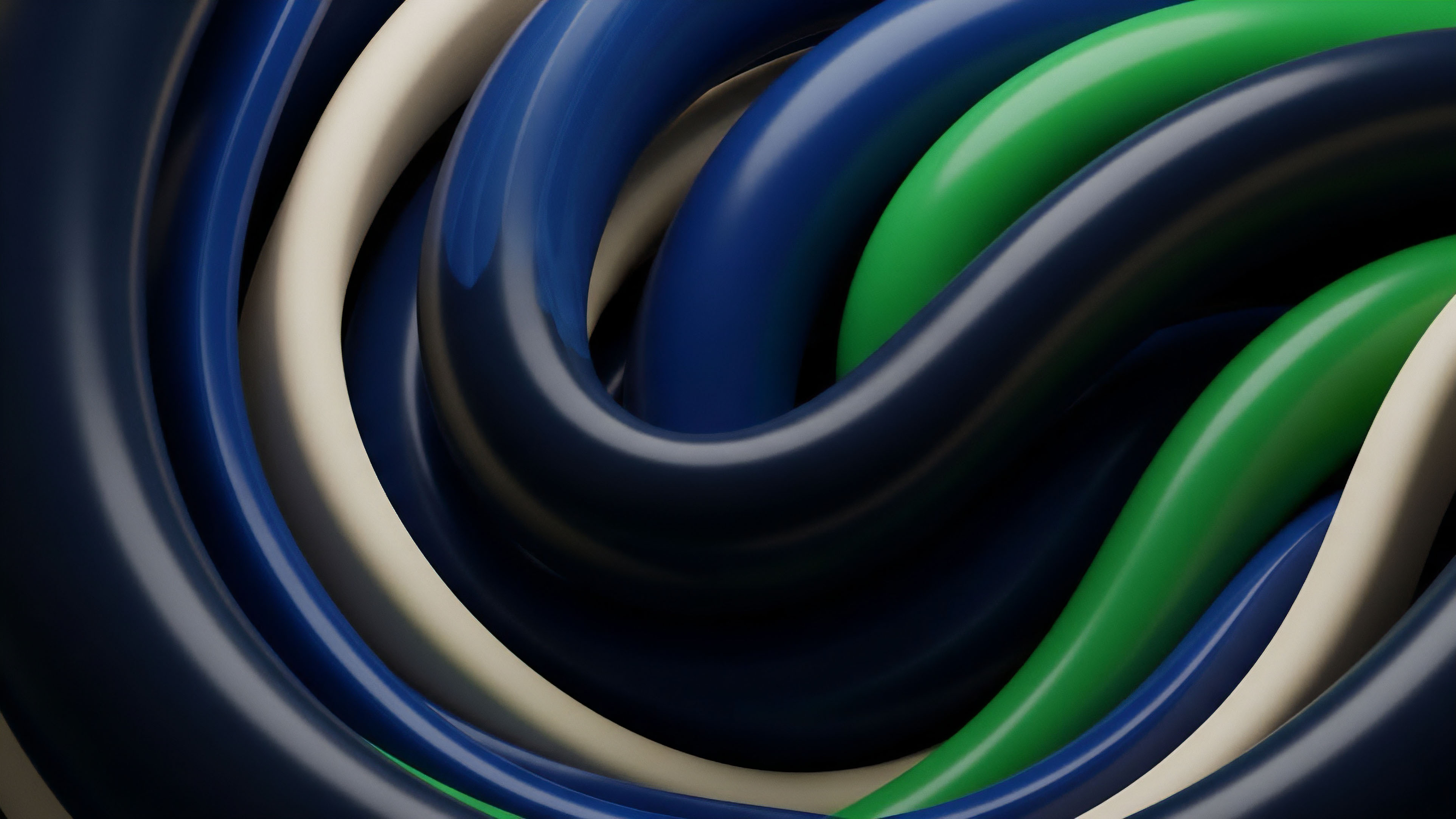 A macro abstract visual of intricate, high-gloss tubes in shades of blue, dark indigo, green, and off-white depicts the complex interconnectedness within financial derivative markets. The winding pattern represents the composability of smart contracts and liquidity protocols in decentralized finance. The entanglement highlights the propagation of counterparty risk and potential for systemic failure, where market volatility or a single oracle malfunction can initiate a liquidation cascade across multiple asset classes and platforms. This visual metaphor illustrates the complex risk profile of structured finance and synthetic assets.