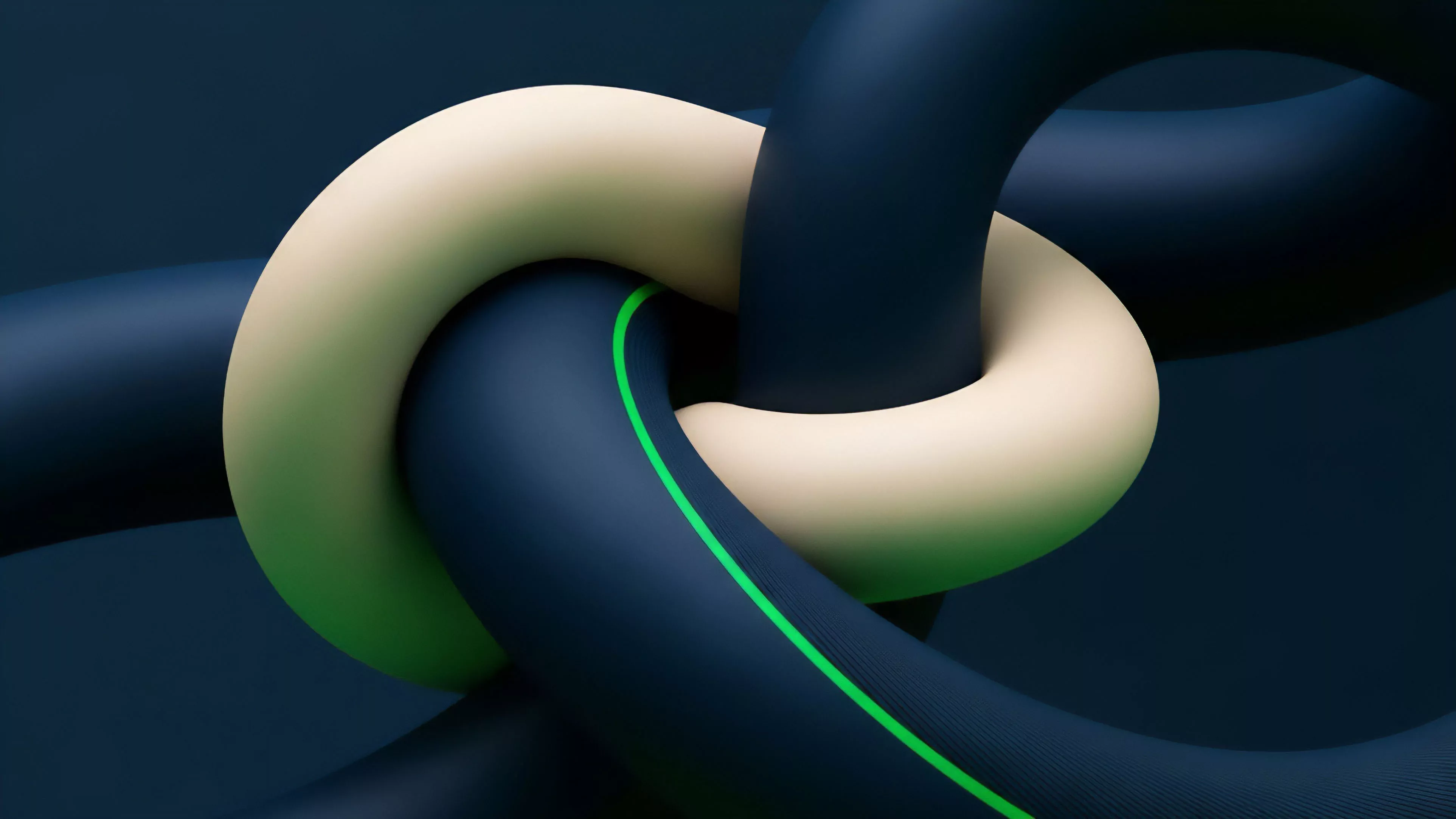 Two distinct abstract tubes intertwine, forming a complex knot structure. One tube is a smooth, cream-colored shape, while the other is dark blue with a bright, neon green line running along its length