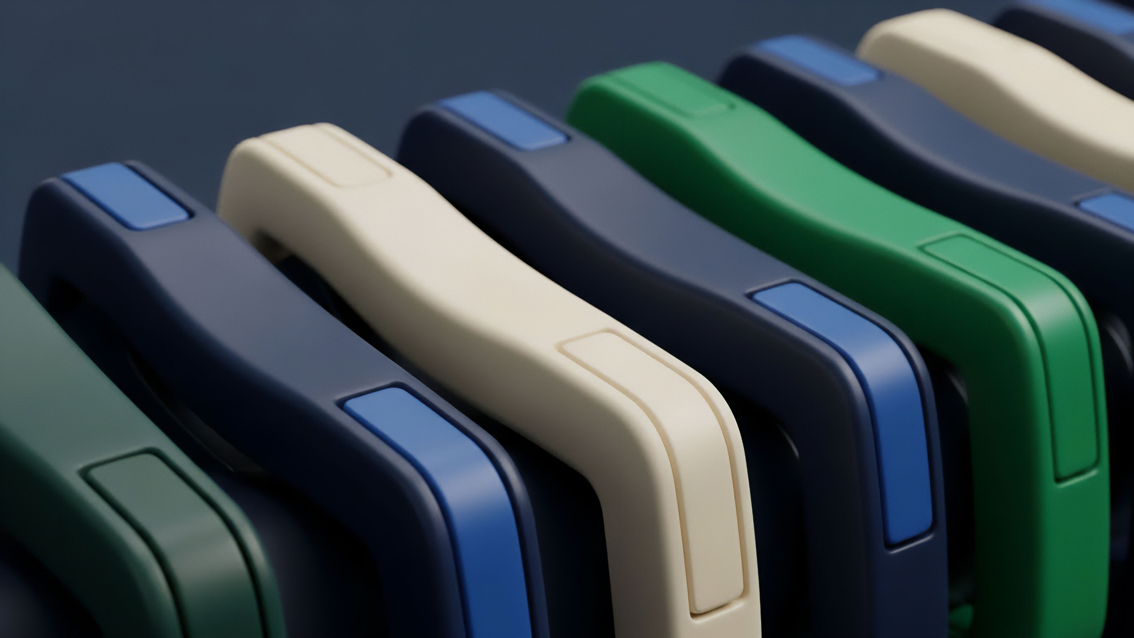 A meticulously arranged array of sleek, color-coded components simulates a sophisticated derivatives portfolio or tokenomics structure. The distinct colors—dark blue, light cream, and green—represent varied asset classes and risk profiles within an RFQ process or a diversified yield farming strategy. The sequence illustrates block propagation in a blockchain or the sequential nature of transaction processing on an immutable ledger. This visual metaphor captures the complexity of structuring exotic derivatives and managing counterparty risk through interchain liquidity solutions. The close focus on specific elements highlights the importance of precise asset allocation and strike price selection in options trading.