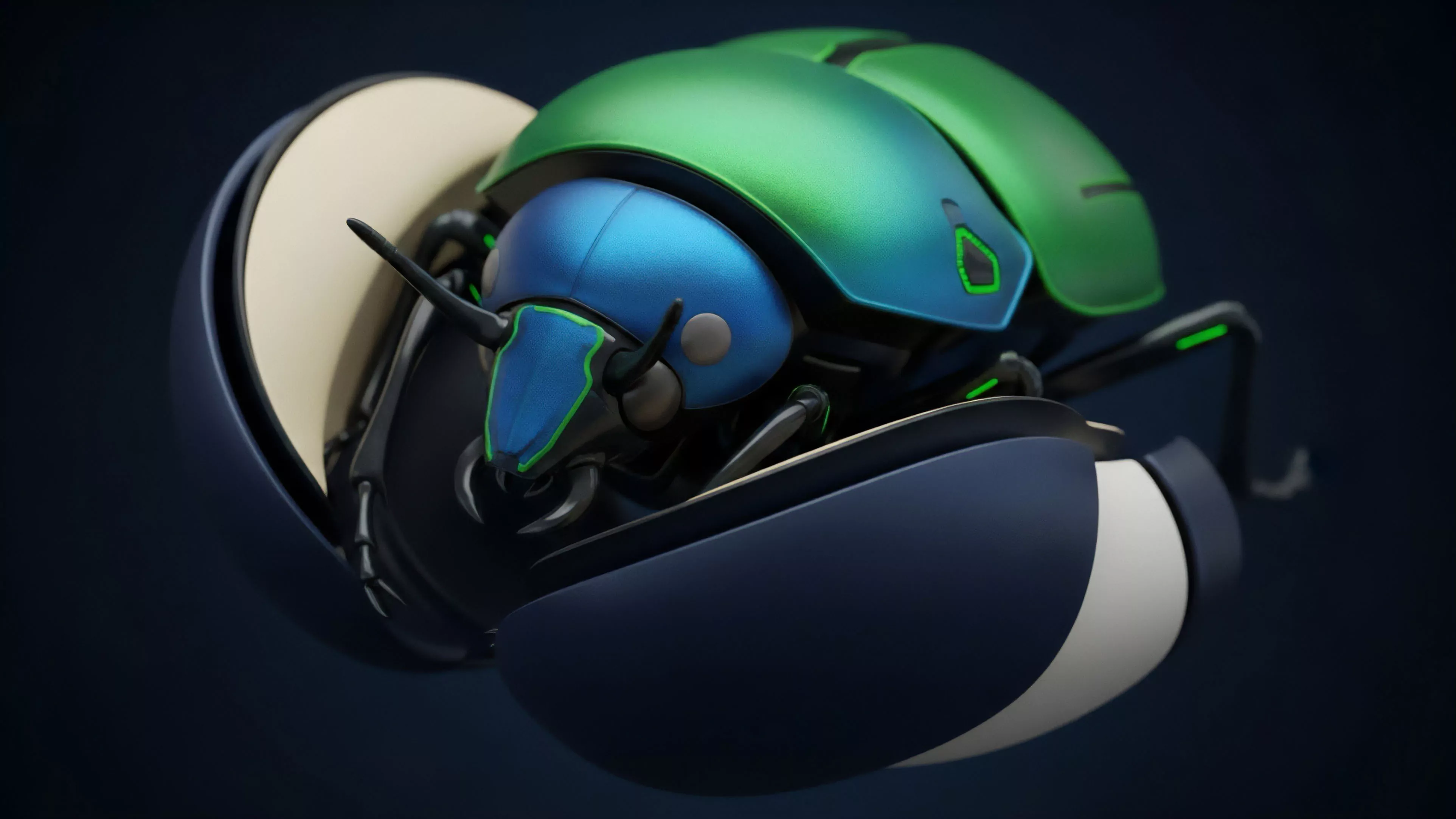 A highly detailed, stylized mechanism, reminiscent of an armored insect, unfolds from a dark blue spherical protective shell. The creature displays iridescent metallic green and blue segments on its carapace, with intricate black limbs and components extending from within the structure