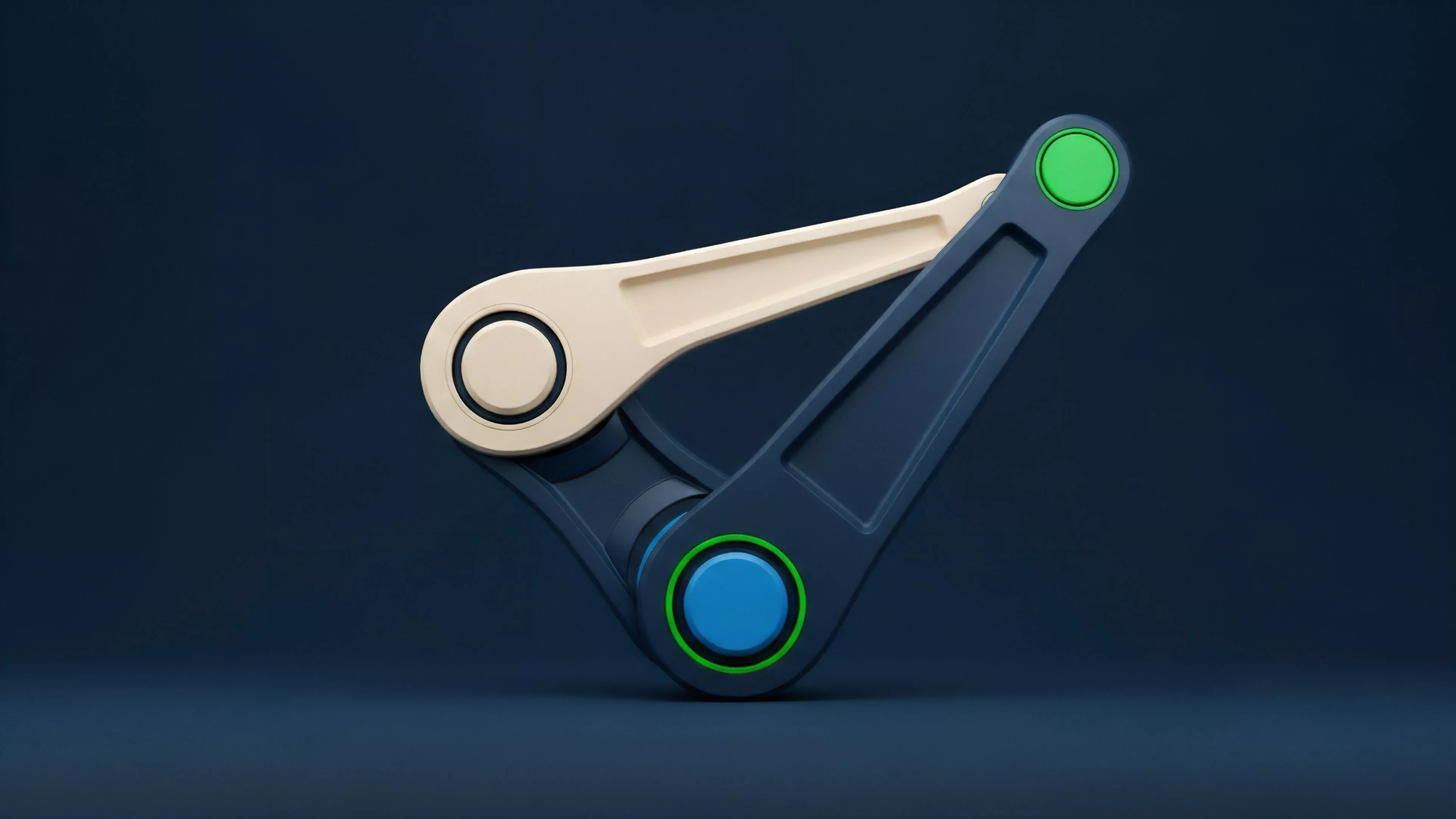 This stylized rendering presents a minimalist mechanical linkage, featuring a light beige arm connected to a dark blue arm at a pivot point, forming a prominent V-shape against a gradient background. Circular joints with contrasting green and blue accents highlight the critical articulation points of the mechanism