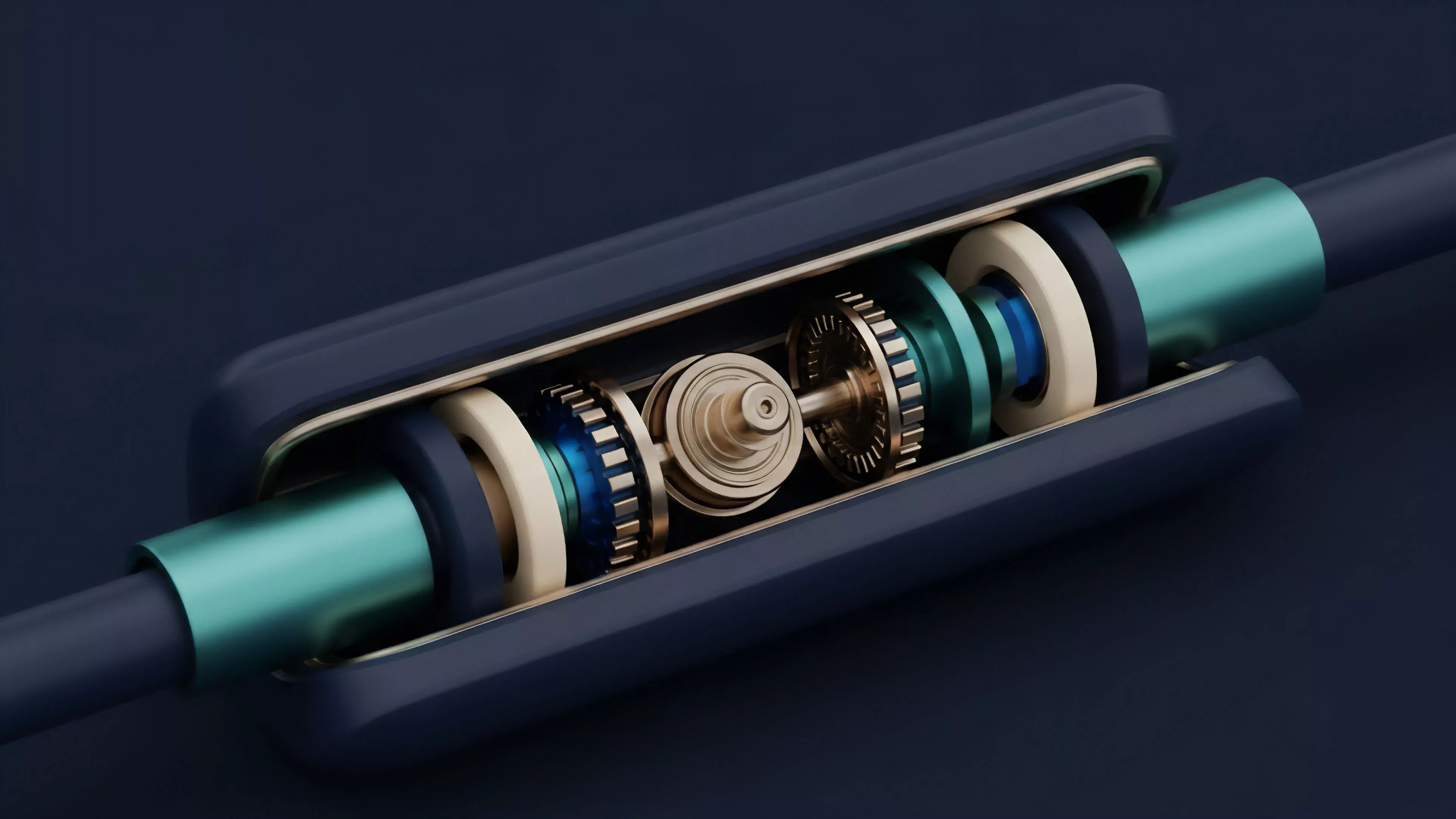 A detailed cross-section view of a high-tech mechanical component reveals an intricate assembly of gold, blue, and teal gears and shafts enclosed within a dark blue casing. The precision-engineered parts are arranged to depict a complex internal mechanism, possibly a connection joint or a dynamic power transfer system