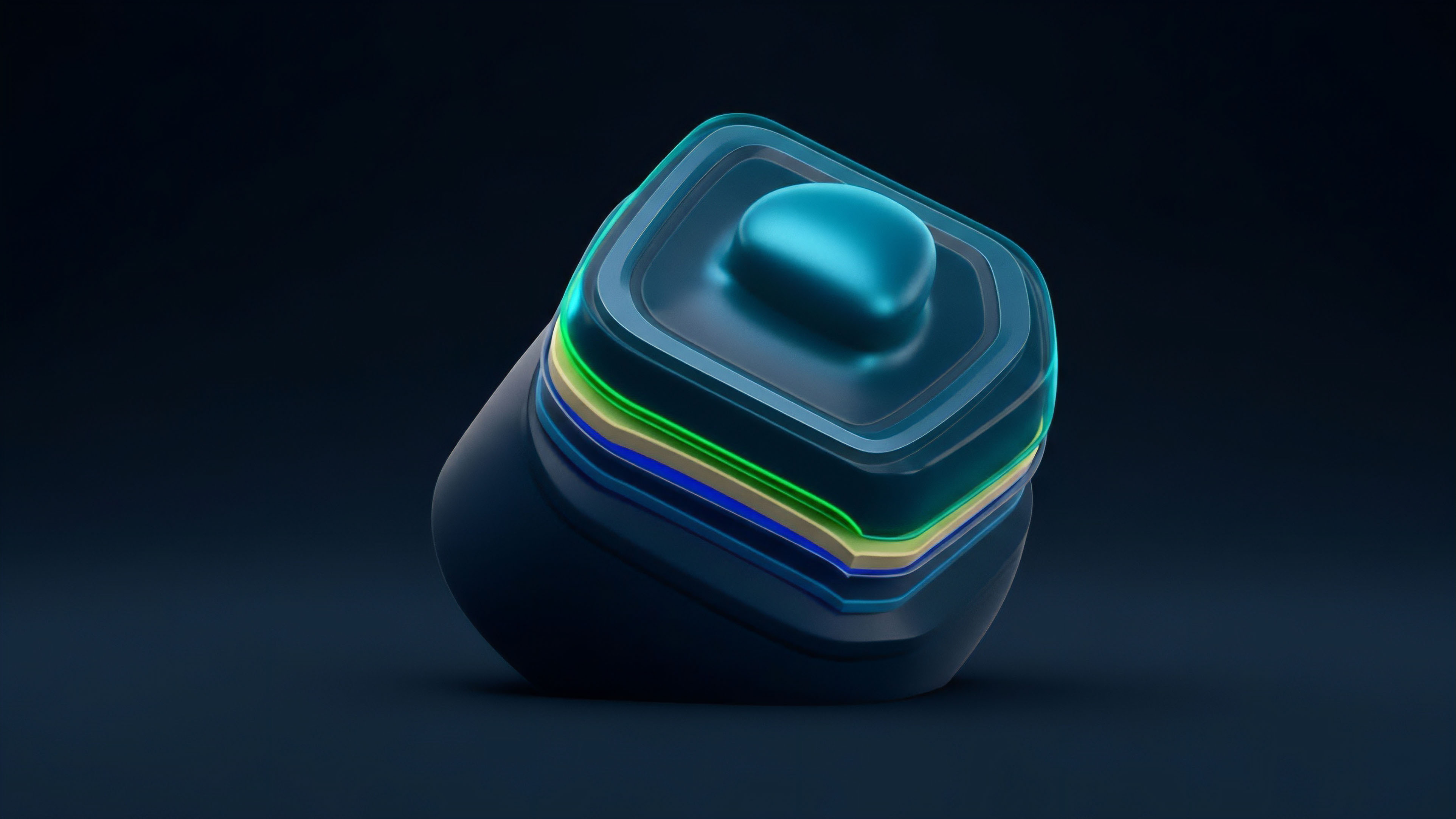 A futuristic, stylized object features a rounded base and a multi-layered top section with neon accents. A prominent teal protrusion sits atop the structure, which displays illuminated layers of green, yellow, and blue