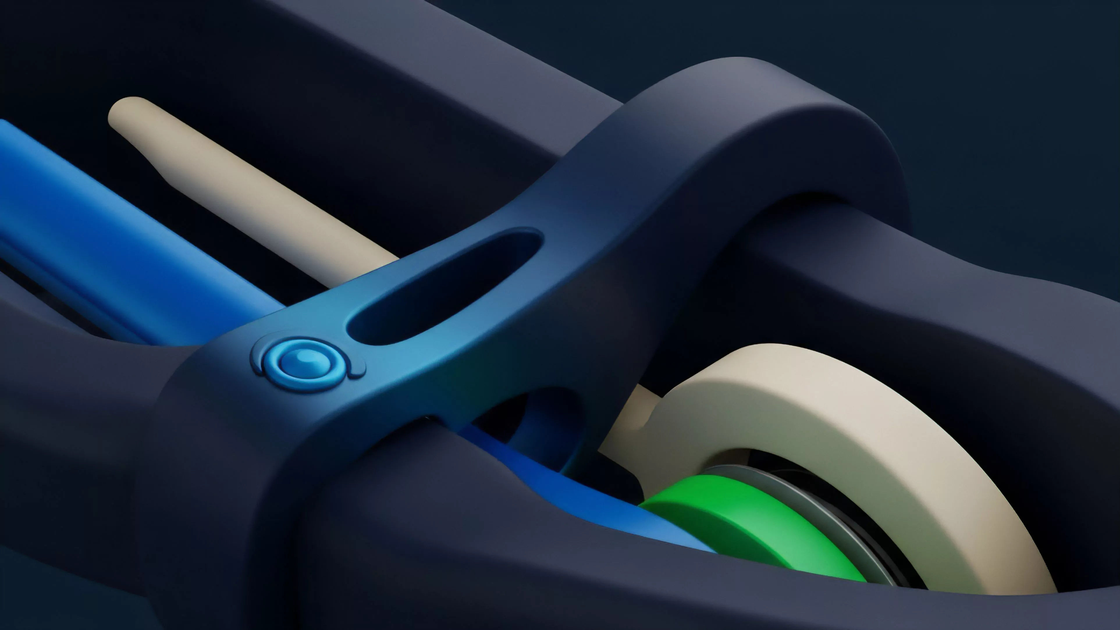 A close-up view of abstract mechanical components in dark blue, bright blue, light green, and off-white colors. The design features sleek, interlocking parts, suggesting a complex, precisely engineered mechanism operating in a stylized setting