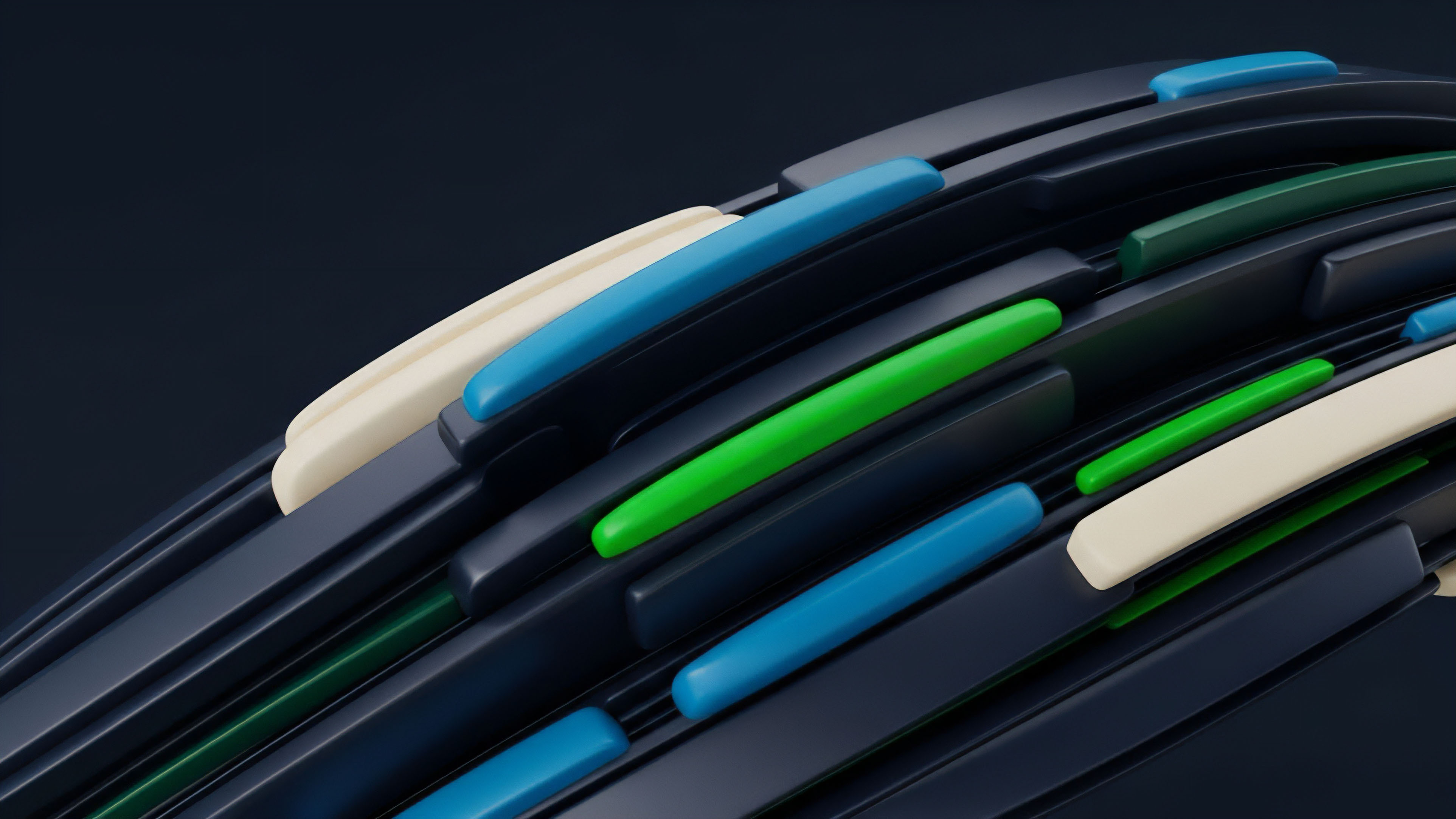The image displays an abstract, three-dimensional structure of intertwined dark gray bands. Brightly colored lines of blue, green, and cream are embedded within these bands, creating a dynamic, flowing pattern against a dark background