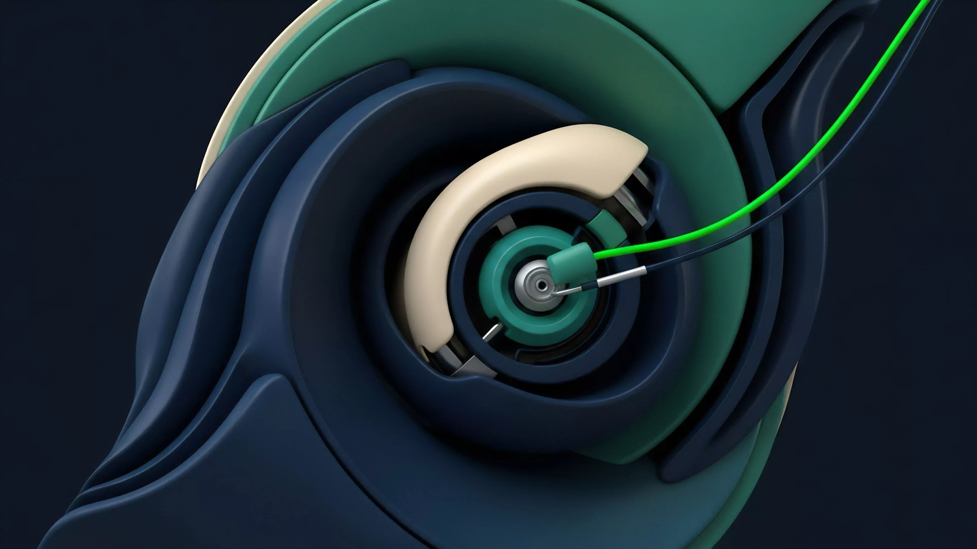 The image displays a close-up of an abstract object composed of layered, fluid shapes in deep blue, teal, and beige. A central, mechanical core features a bright green line and other complex components