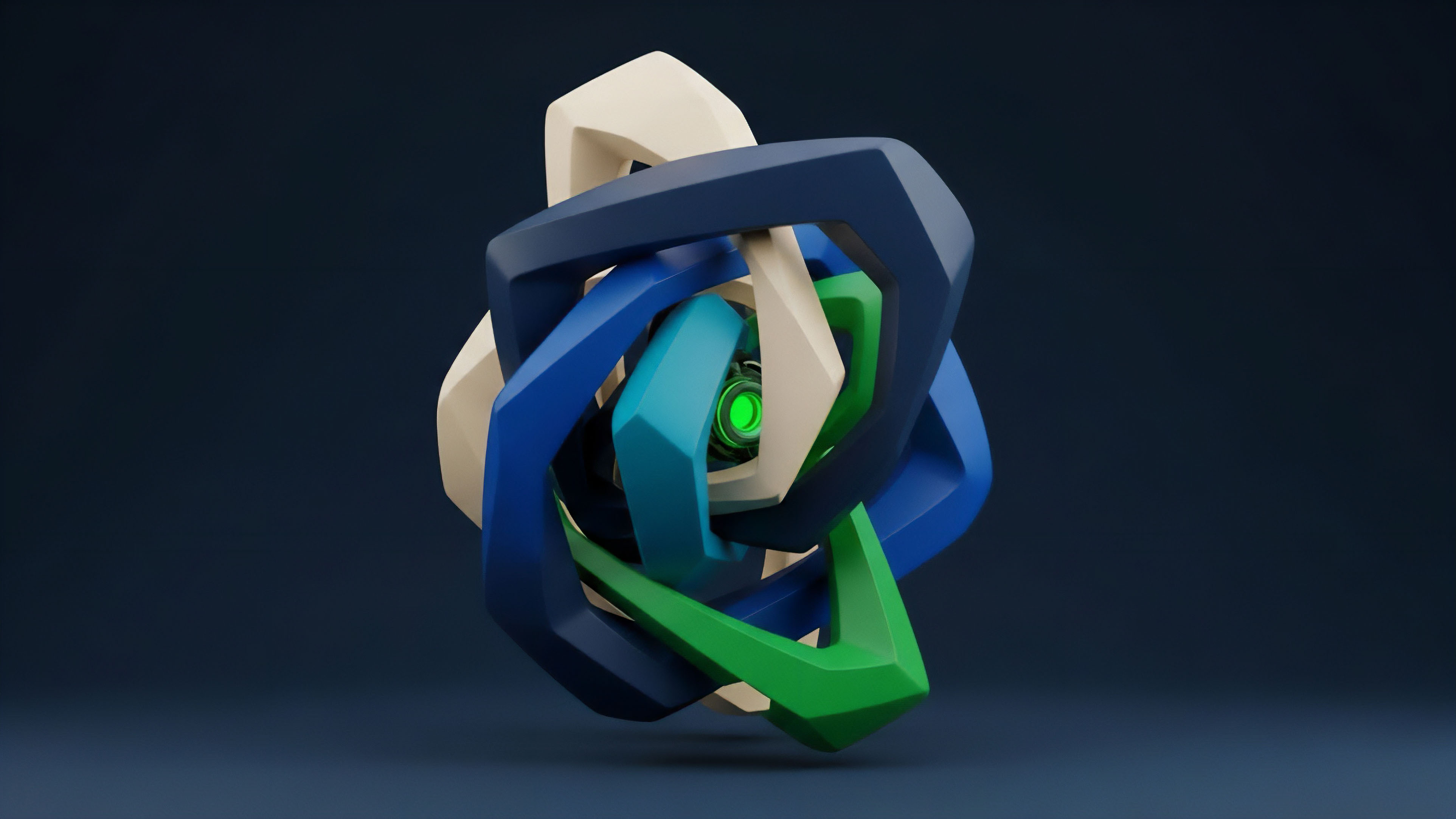 A complex, interlocking 3D geometric structure features multiple links in shades of dark blue, light blue, green, and cream, converging towards a central point. A bright, neon green glow emanates from the core, highlighting the intricate layering of the abstract object