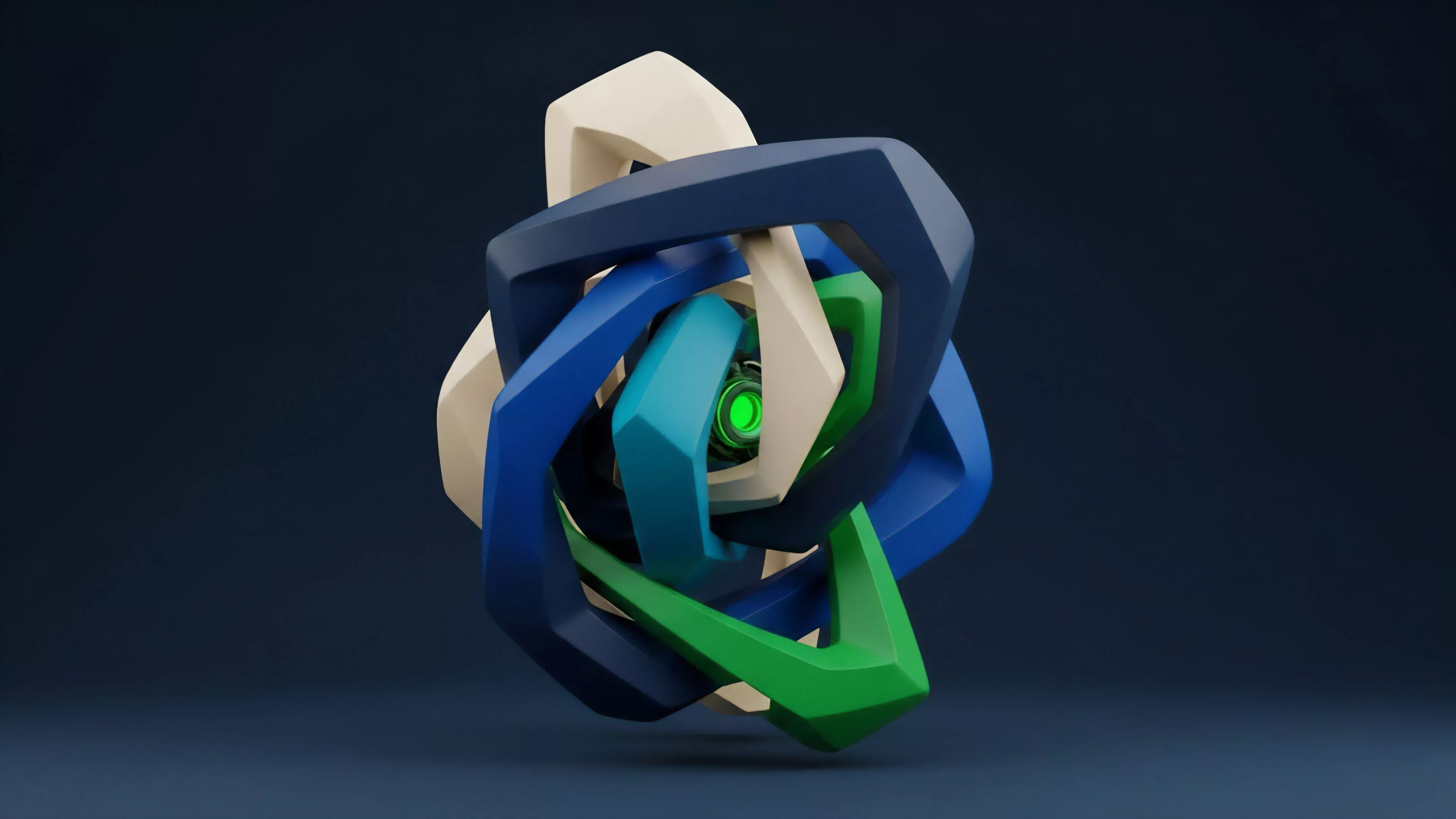 A complex abstract geometric structure, composed of overlapping and interwoven links in shades of blue, green, and beige, converges on a glowing green core. The design visually represents the sophisticated architecture of a decentralized finance DeFi derivatives protocol. The interwoven components symbolize interconnected liquidity pools, multi-asset tokenized collateral, and complex options strategies. The core represents the high-leverage smart contract logic, where algorithmic collateralization and systemic risk management are centralized functions of the protocol.