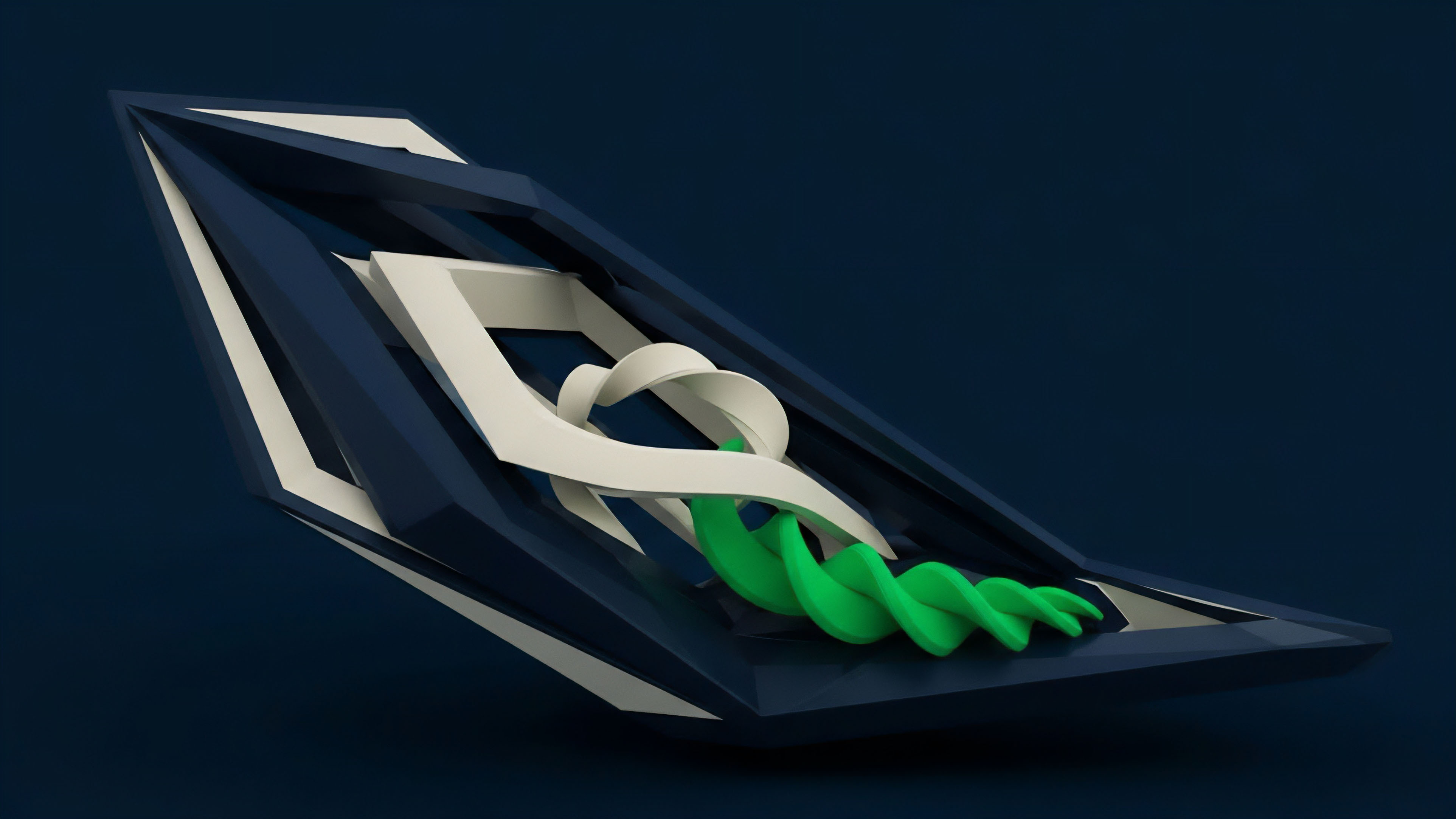 A representation of a secure decentralized finance protocol where complex financial derivatives are executed. The angular dark blue structure symbolizes the underlying blockchain network's security and architecture, while the white, flowing ribbon-like path represents the high-frequency data flow of structured products. The central bright green, spiraling element illustrates the dynamic stream of liquidity or wrapped assets undergoing algorithmic processing, highlighting the intricacies of options collateralization and risk transfer mechanisms within automated market makers.