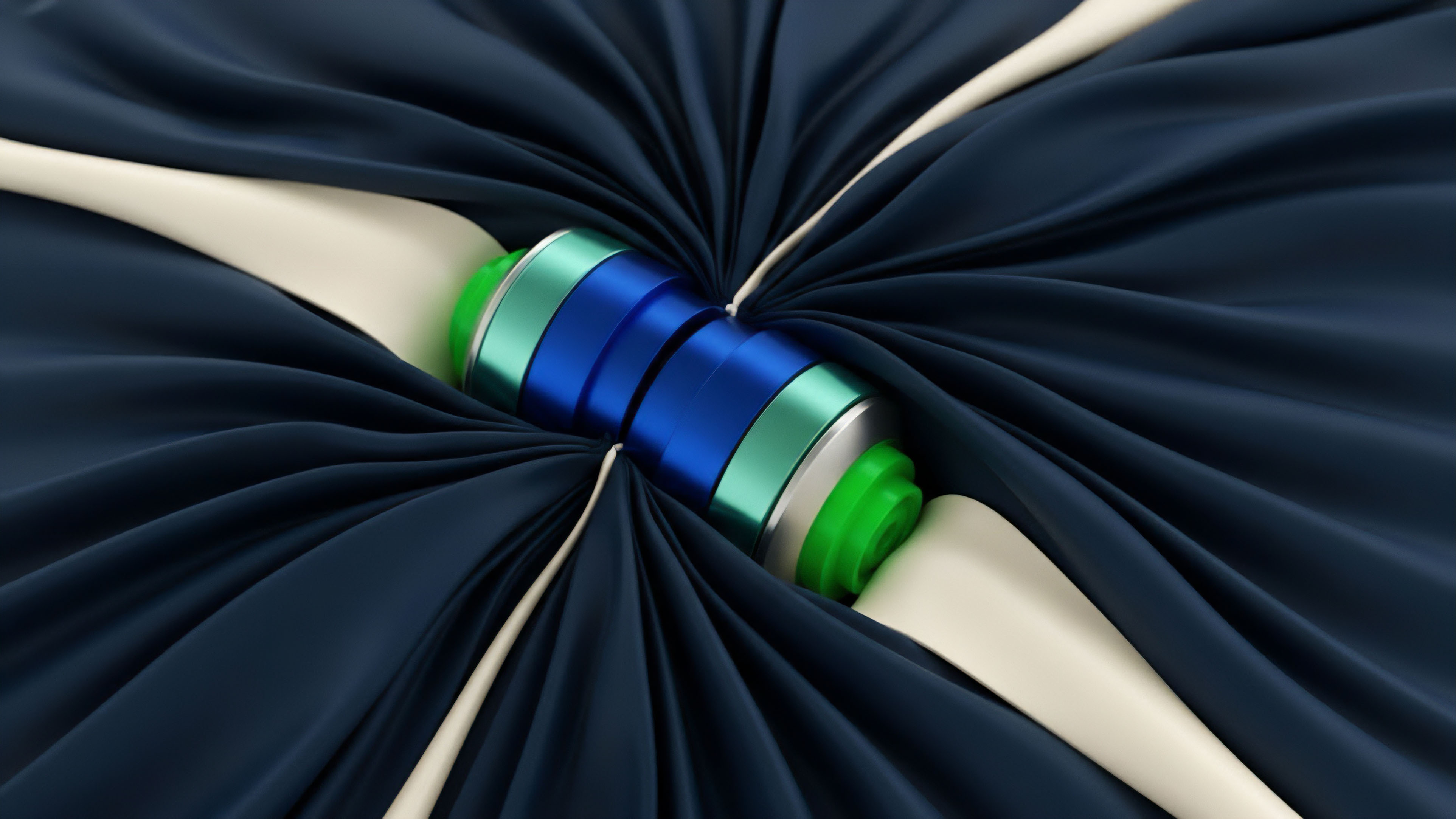 A central cylindrical structure serves as a nexus for a collateralized debt position within a DeFi protocol. Dark blue fabric gathers around it, symbolizing market depth and volatility. The tension created by the surrounding light-colored structures represents the interplay between underlying assets and the collateralization ratio. This highlights the complex risk modeling required for synthetic asset creation and perpetual futures trading, where market slippage and margin calls are critical factors for managing leverage and mitigating liquidation risks.