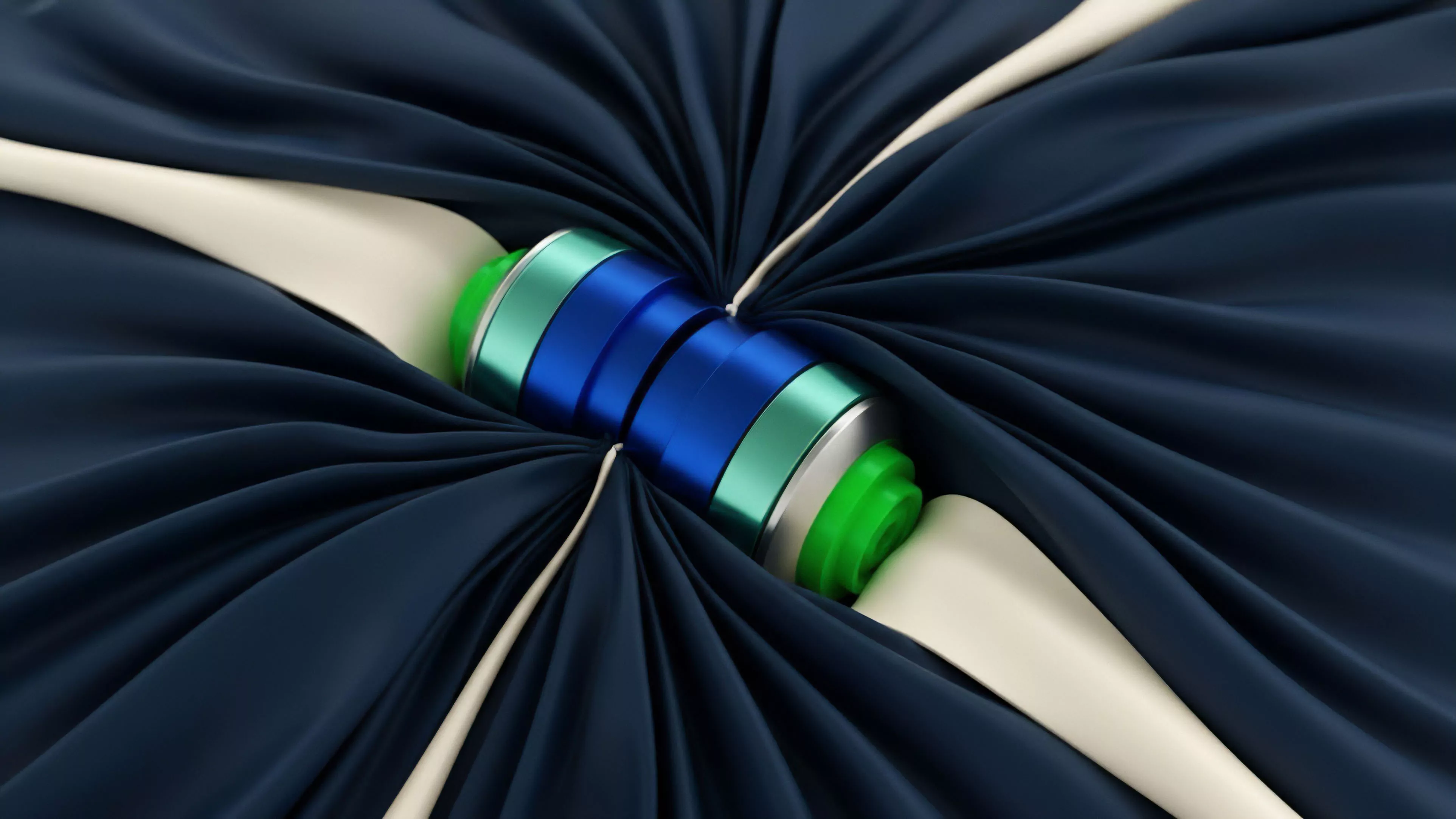 A central cylindrical structure serves as a nexus for a collateralized debt position within a DeFi protocol. Dark blue fabric gathers around it, symbolizing market depth and volatility. The tension created by the surrounding light-colored structures represents the interplay between underlying assets and the collateralization ratio. This highlights the complex risk modeling required for synthetic asset creation and perpetual futures trading, where market slippage and margin calls are critical factors for managing leverage and mitigating liquidation risks.