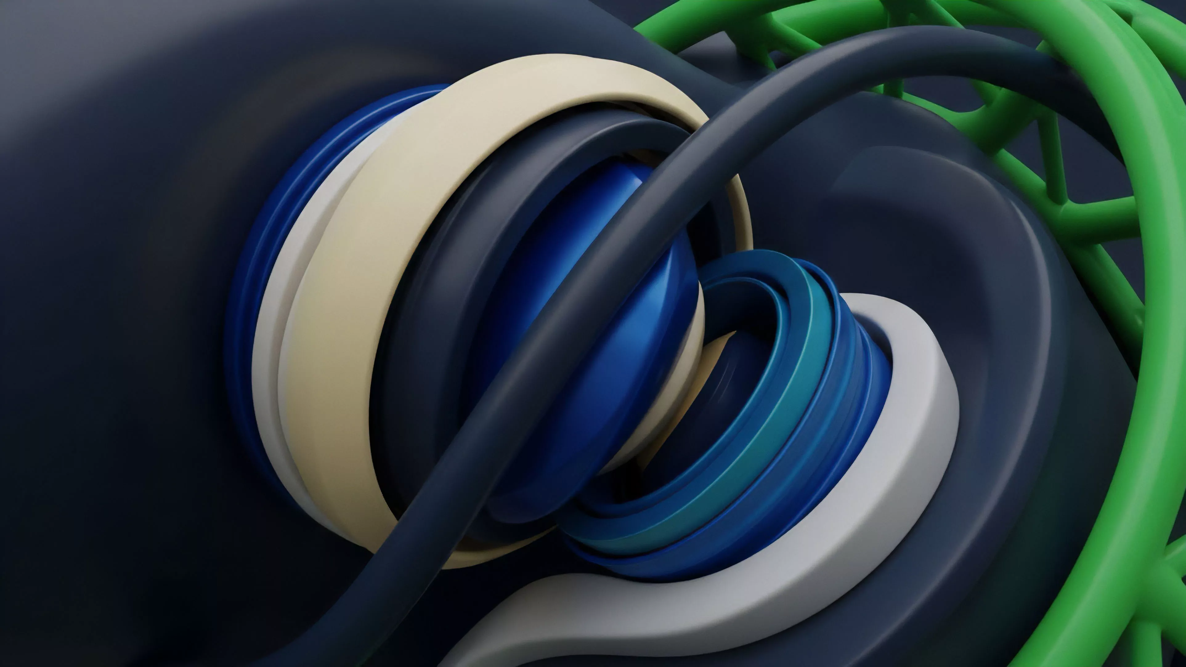 A complex abstract composition features intertwining smooth bands and rings in blue, white, cream, and dark blue, layered around a central core. This structure represents the complexity of structured financial derivatives and collateralized debt obligations within decentralized finance protocols. The nested layers signify tranches of synthetic assets and varying risk exposures within a liquidity pool. The intertwining elements visualize cross-collateralization and the dynamic hedging strategies employed by automated market makers for yield aggregation in complex options chains.