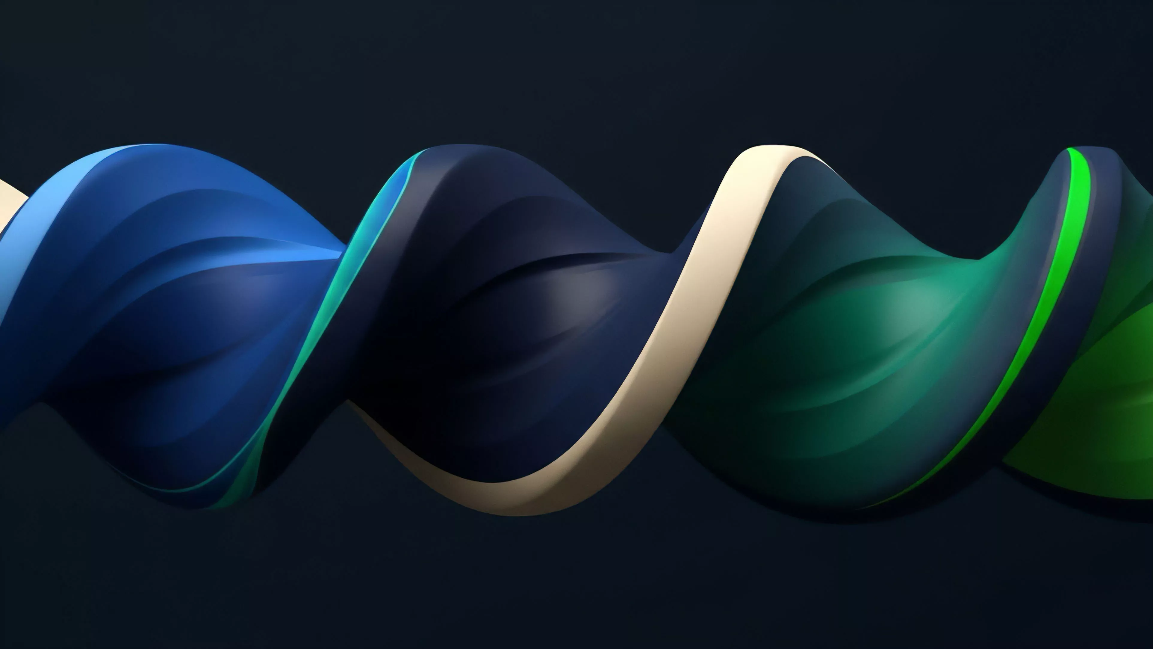 A three-dimensional abstract wave-like form twists across a dark background, showcasing a gradient transition from deep blue on the left to vibrant green on the right. A prominent beige edge defines the helical shape, creating a smooth visual boundary as the structure rotates through its phases