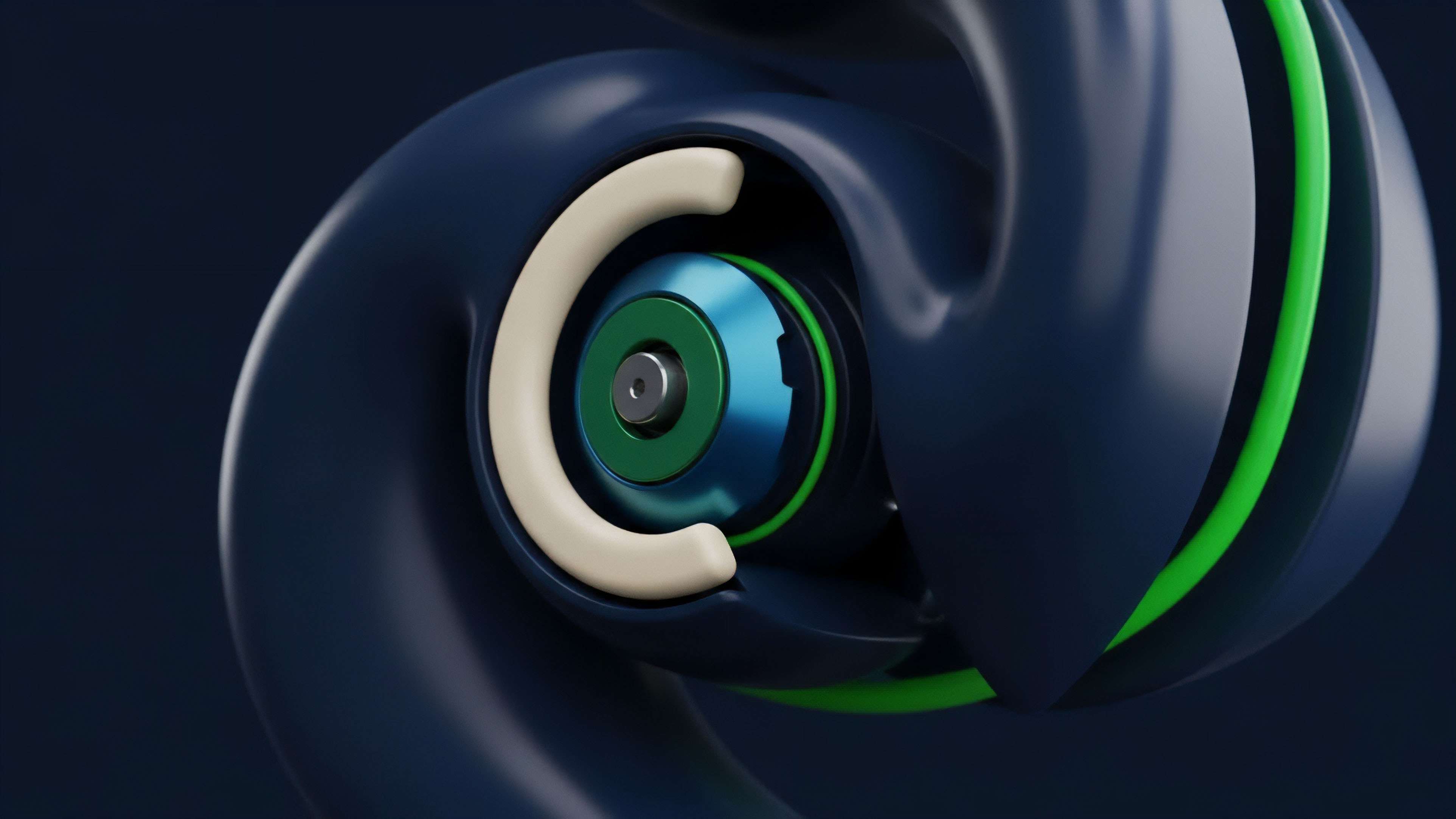 A high-resolution abstract rendering showcases a dark blue, smooth, spiraling structure with contrasting bright green glowing lines along its edges. The center reveals layered components, including a light beige C-shaped element, a green ring, and a central blue and green metallic core, suggesting a complex internal mechanism or data flow