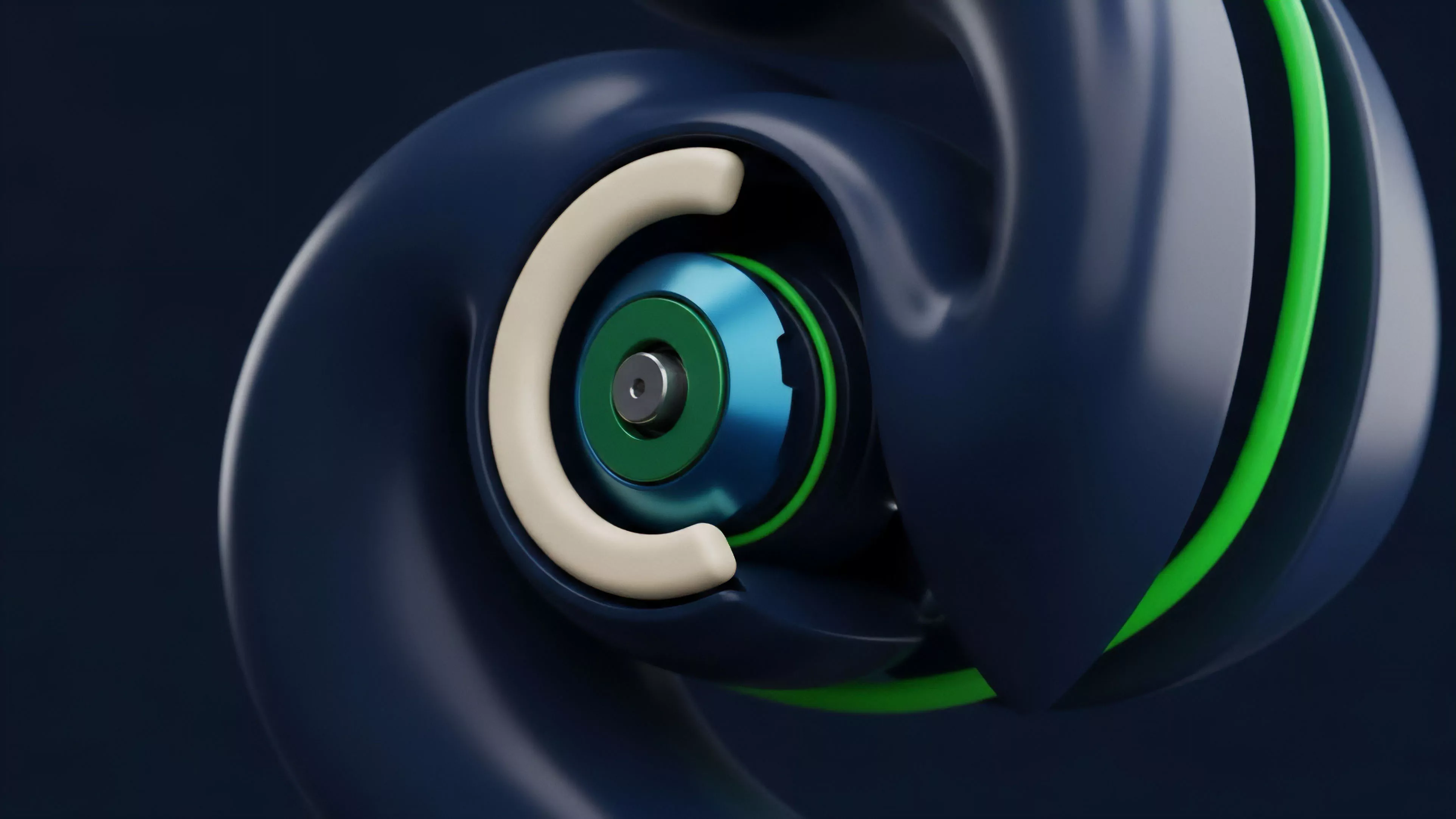 A high-resolution abstract rendering showcases a dark blue, smooth, spiraling structure with contrasting bright green glowing lines along its edges. The center reveals layered components, including a light beige C-shaped element, a green ring, and a central blue and green metallic core, suggesting a complex internal mechanism or data flow