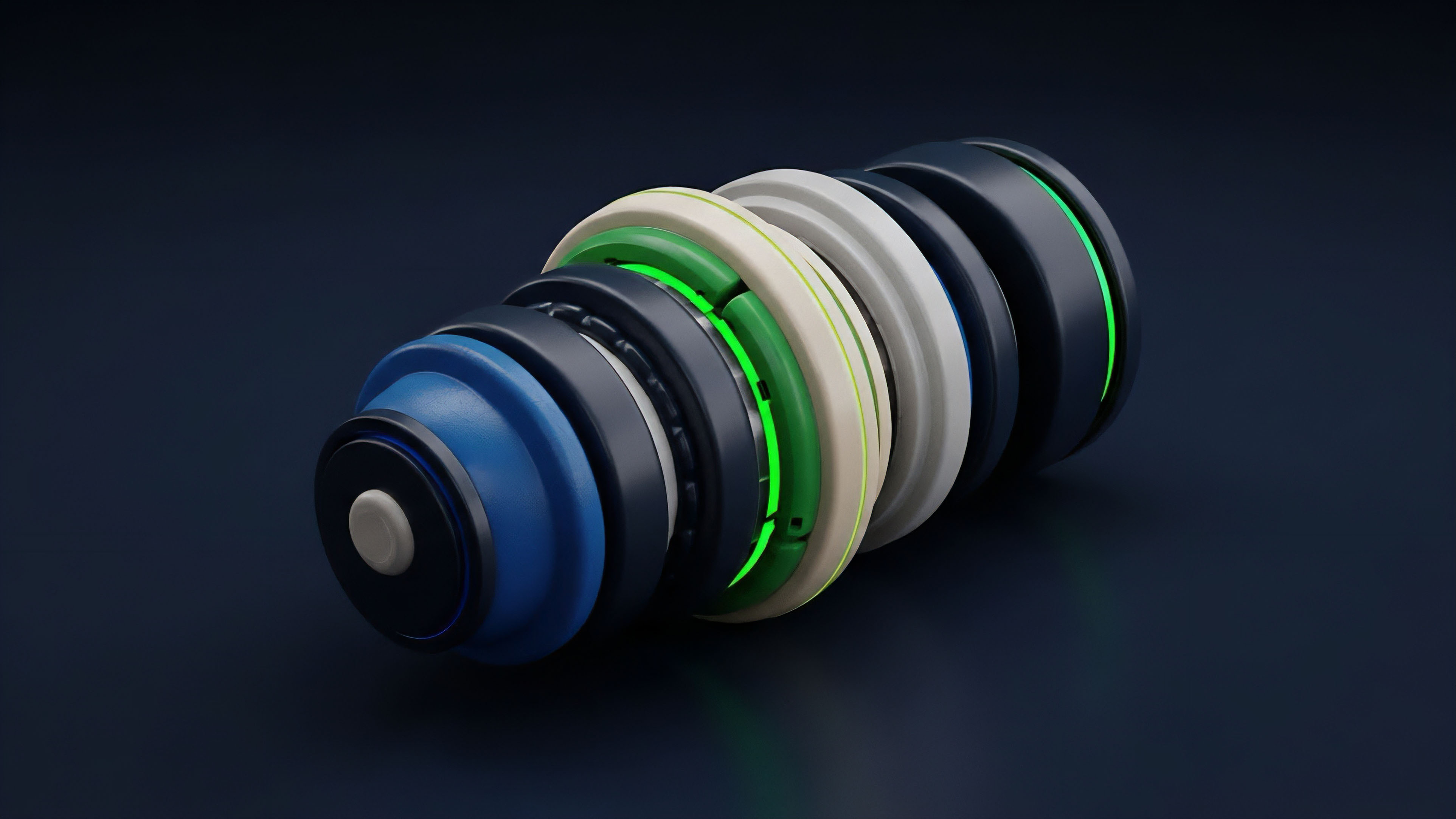 A segmented cylindrical object featuring layers of dark blue, dark grey, and cream components, with a central glowing neon green ring. This visualization metaphorically illustrates a structured product composed of nested derivative layers and collateralized debt positions. The modular design symbolizes the composability inherent in smart contract architectures in DeFi. The glowing core represents the yield generation engine, highlighting the critical elements for liquidity provisioning and advanced risk management strategies within a tokenized synthetic asset framework.