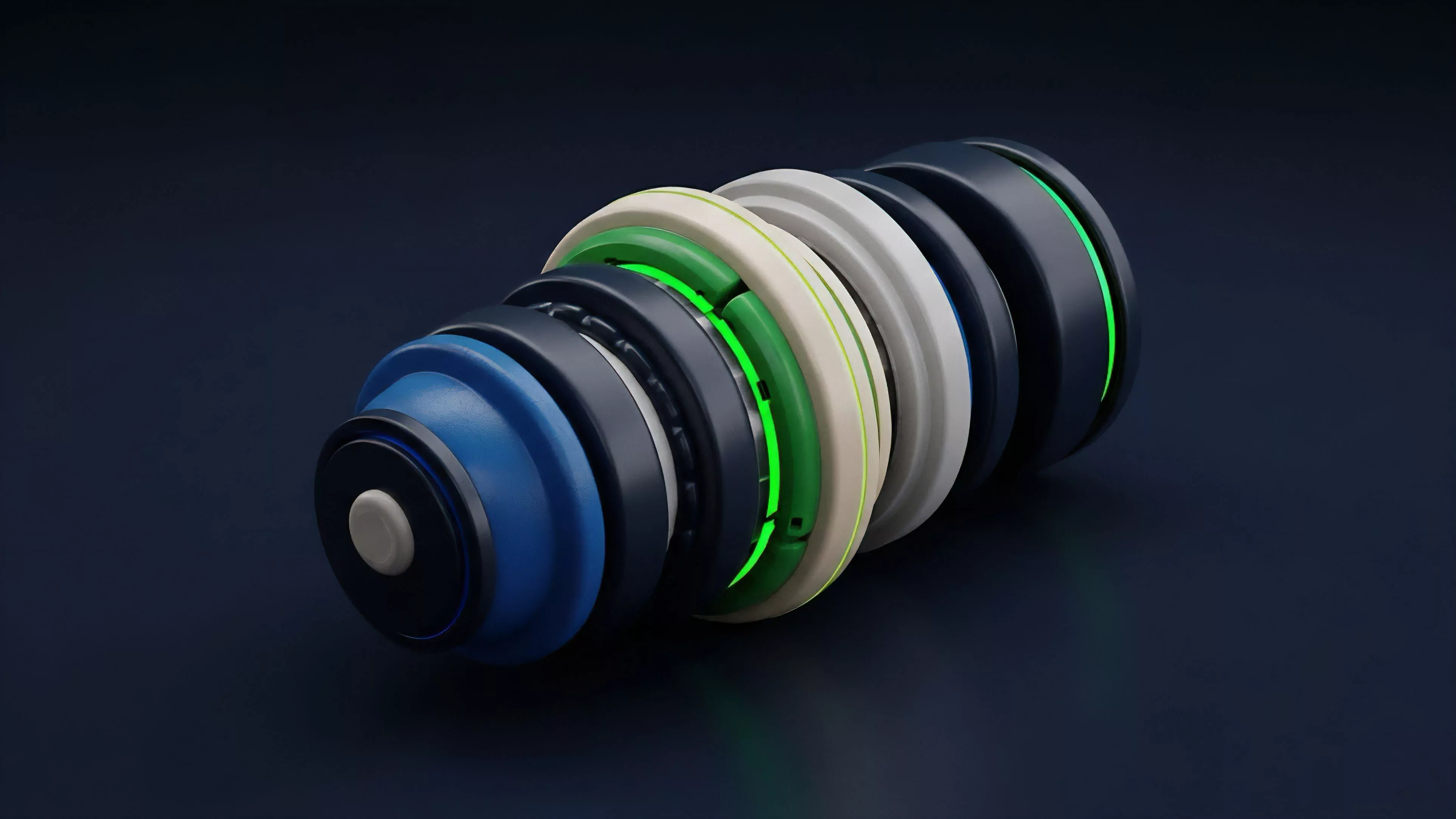 A segmented cylindrical object featuring layers of dark blue, dark grey, and cream components, with a central glowing neon green ring. This visualization metaphorically illustrates a structured product composed of nested derivative layers and collateralized debt positions. The modular design symbolizes the composability inherent in smart contract architectures in DeFi. The glowing core represents the yield generation engine, highlighting the critical elements for liquidity provisioning and advanced risk management strategies within a tokenized synthetic asset framework.