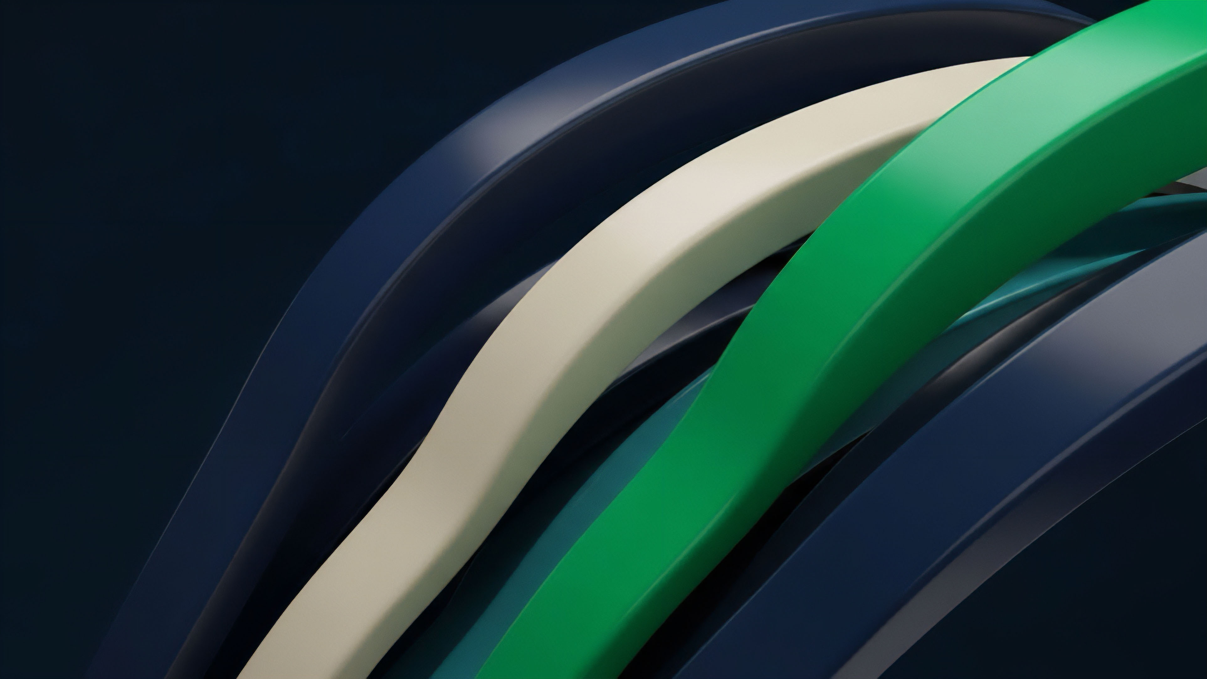 A close-up view shows several wavy, parallel bands of material in contrasting colors, including dark navy blue, light cream, and bright green. The bands overlap each other and flow from the left side of the frame toward the right, creating a sense of dynamic movement