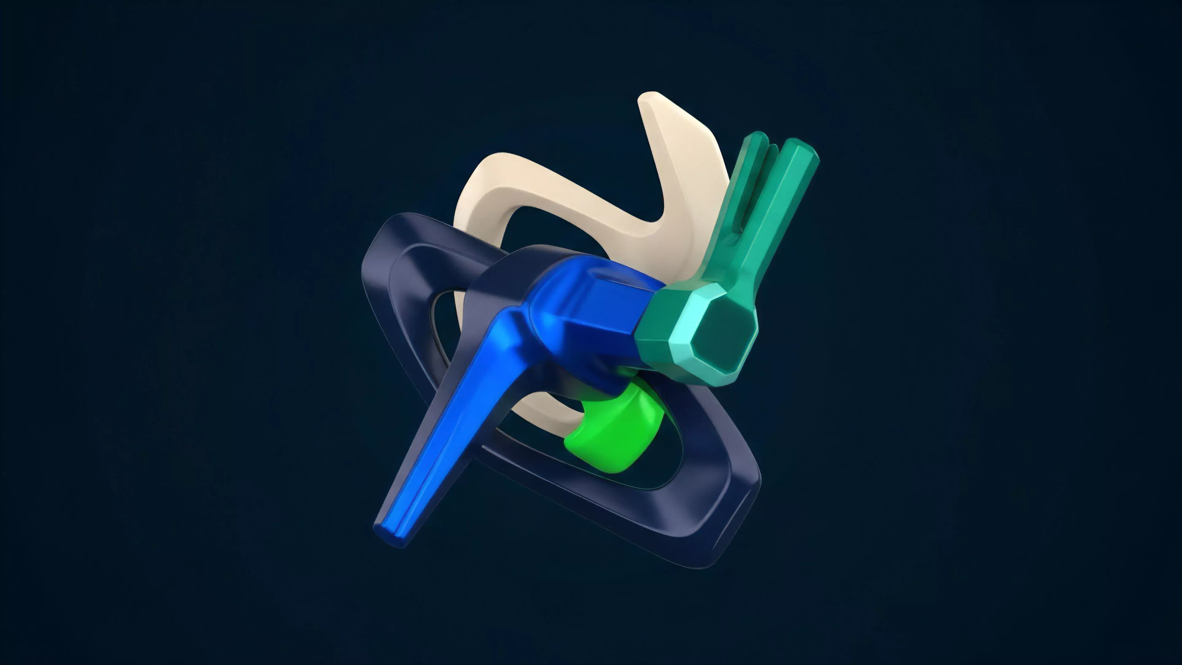 An intricate abstract digital artwork features a central core of blue and green geometric forms. These shapes interlock with a larger dark blue and light beige frame, creating a dynamic, complex, and interdependent structure