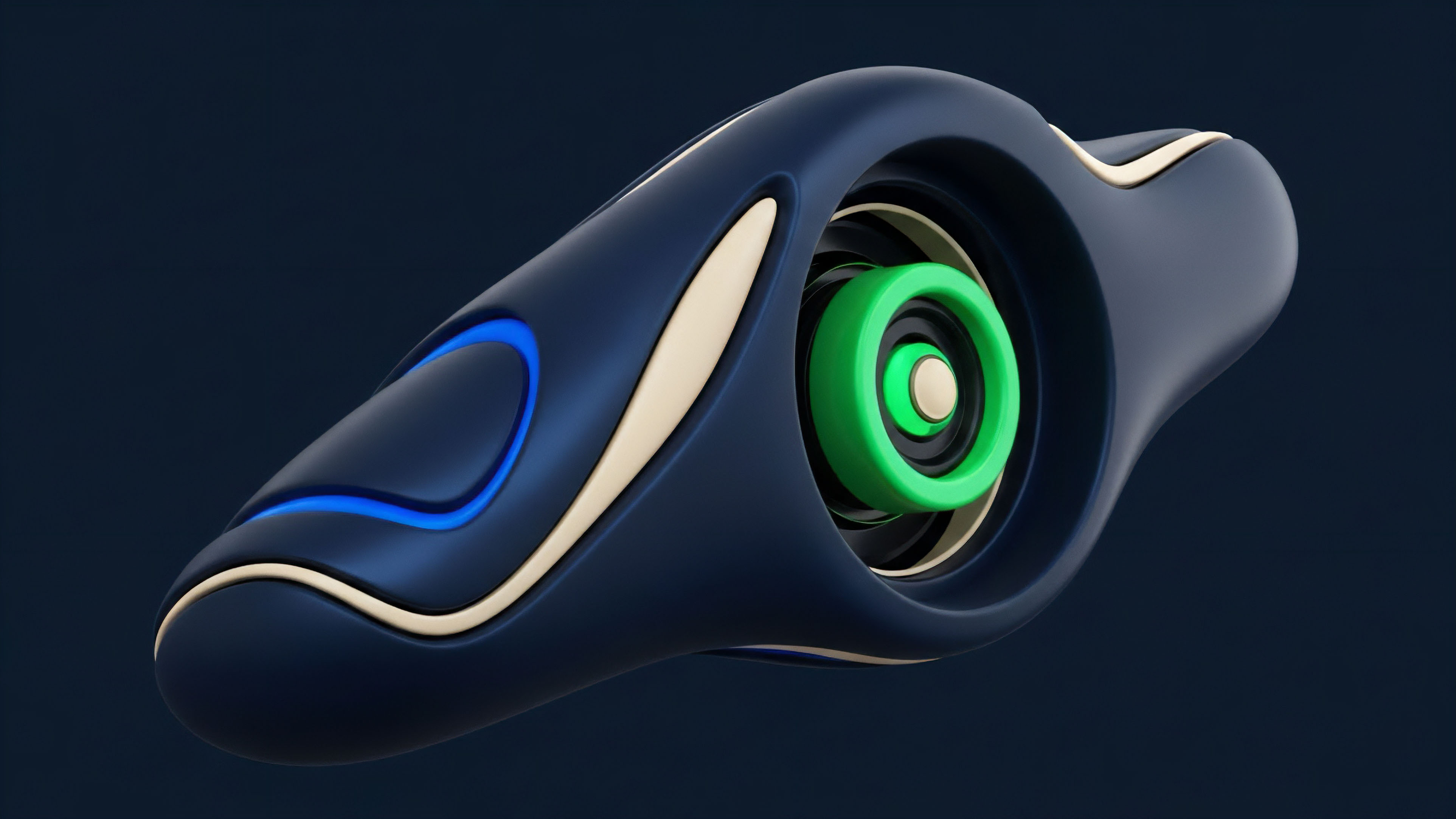 A streamlined, dark-blue object featuring organic contours and a prominent, layered core represents a complex decentralized finance DeFi protocol. The design symbolizes the efficient integration of a Layer 2 scaling solution for optimized transaction verification. The glowing blue accent signifies active smart contract execution and collateralization of synthetic assets within a liquidity pool. The central green component visualizes a collateralized debt position CDP or the underlying asset of a complex options trading structured product. This configuration highlights advanced risk management and settlement mechanisms within the market structure.