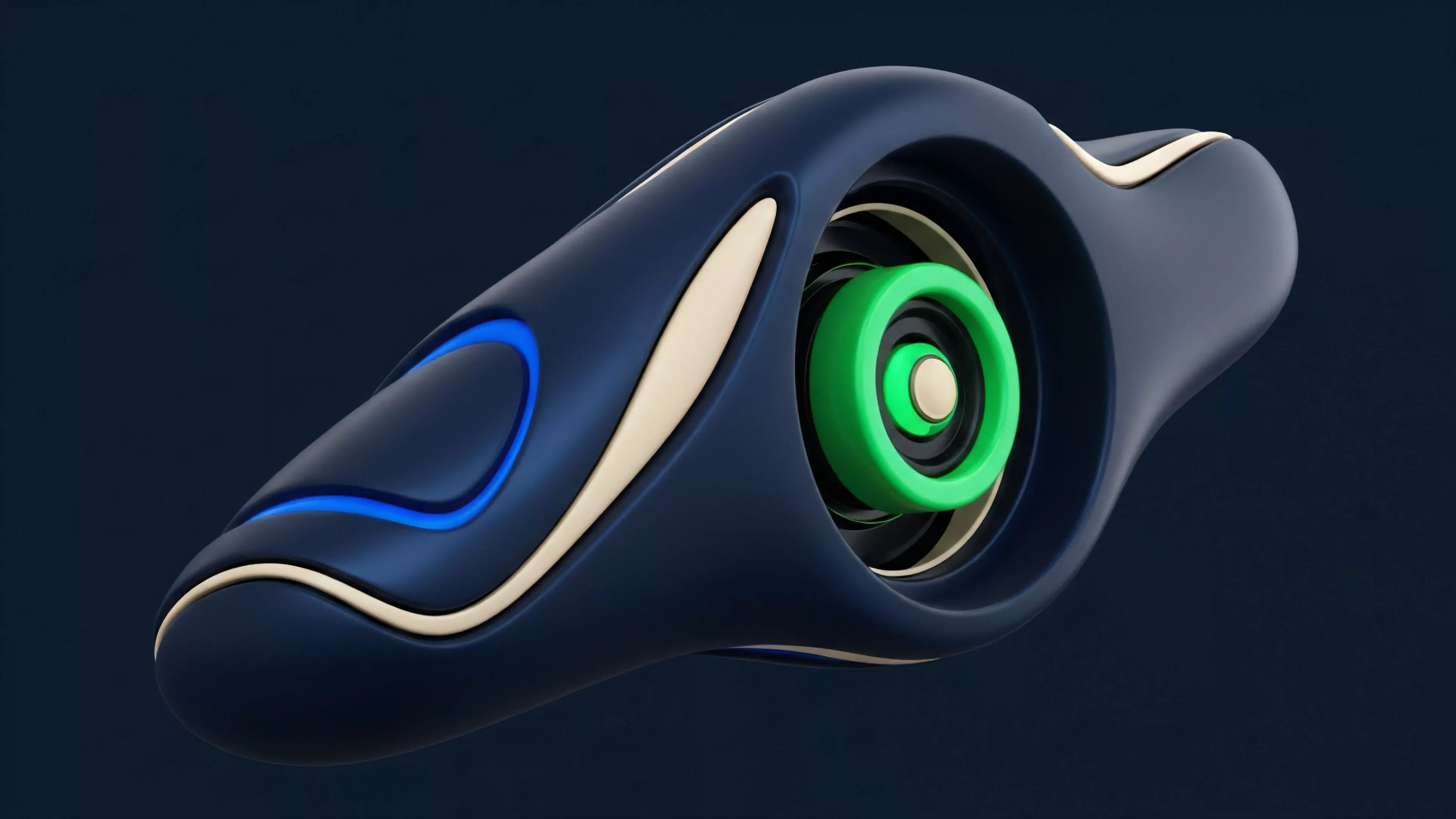 A streamlined, dark-blue object featuring organic contours and a prominent, layered core represents a complex decentralized finance DeFi protocol.