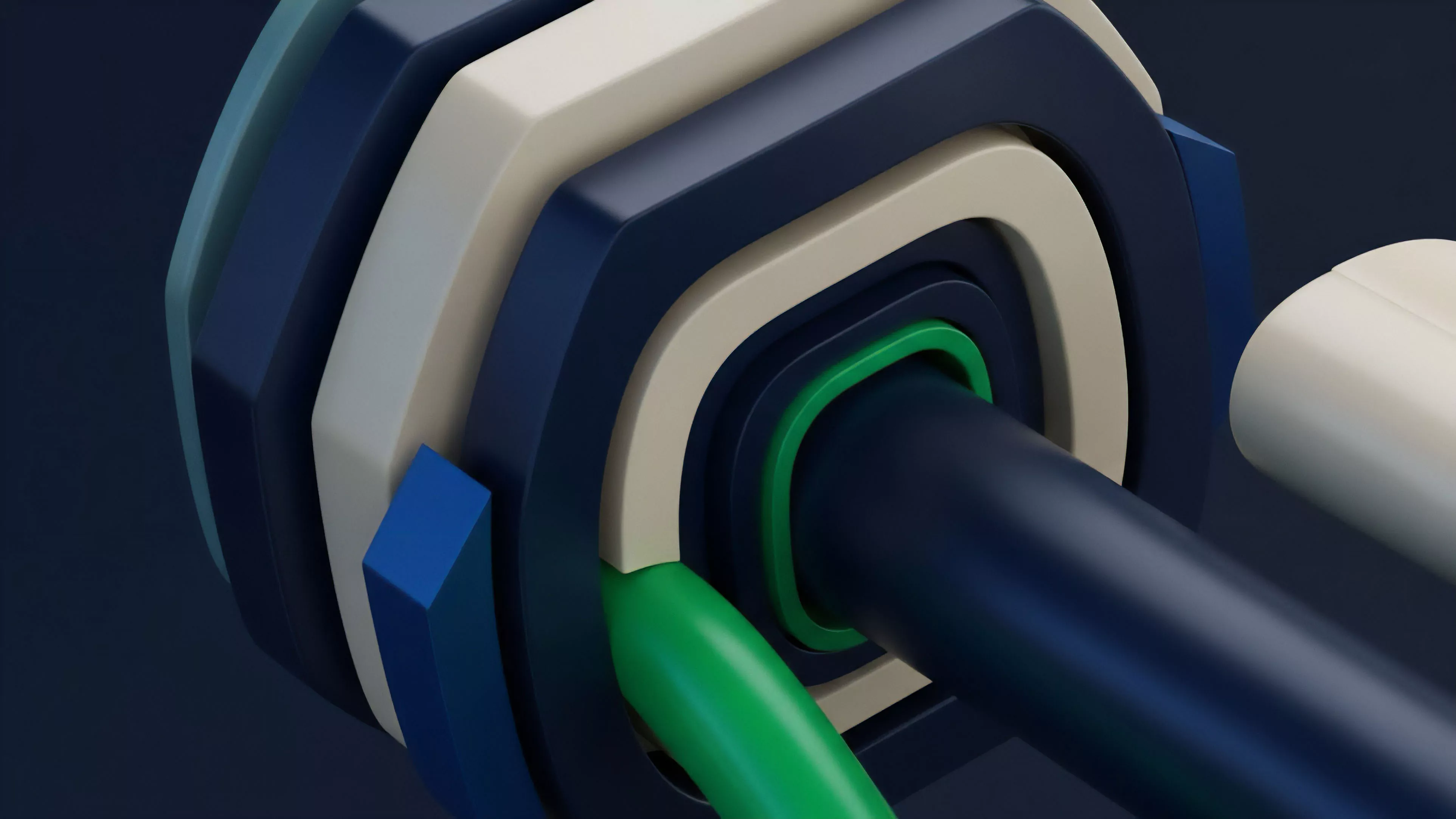 The image displays an abstract, three-dimensional geometric structure composed of nested layers in shades of dark blue, beige, and light blue. A prominent central cylinder and a bright green element interact within the layered framework