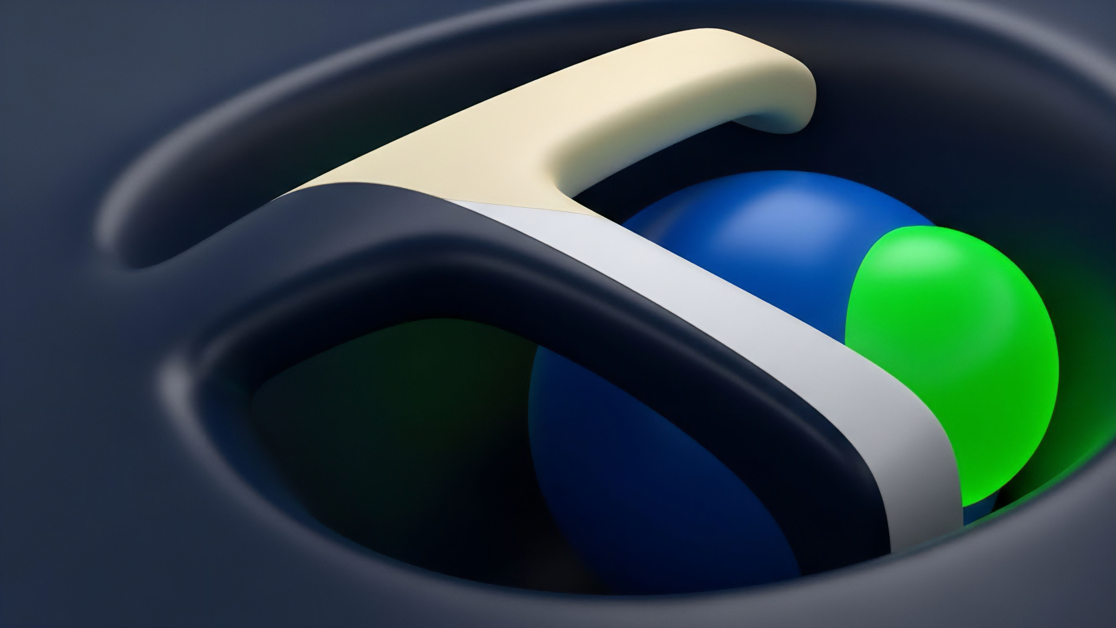 A vibrant green sphere and several deep blue spheres are contained within a dark, flowing cradle-like structure. A lighter beige element acts as a handle or support beam across the top of the cradle